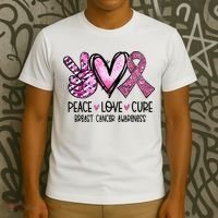 Peace Love Cure Pink Ribbon Cancer Breast Awareness T-Shirt thumb 3