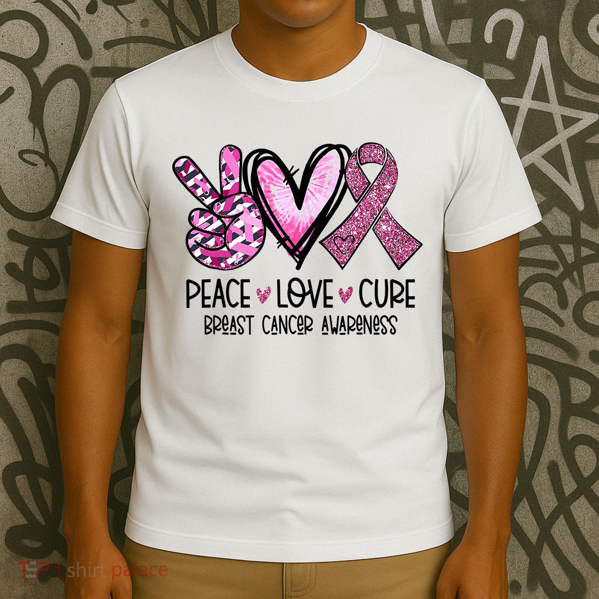 Peace Love Cure Pink Ribbon Cancer Breast Awareness T-Shirt