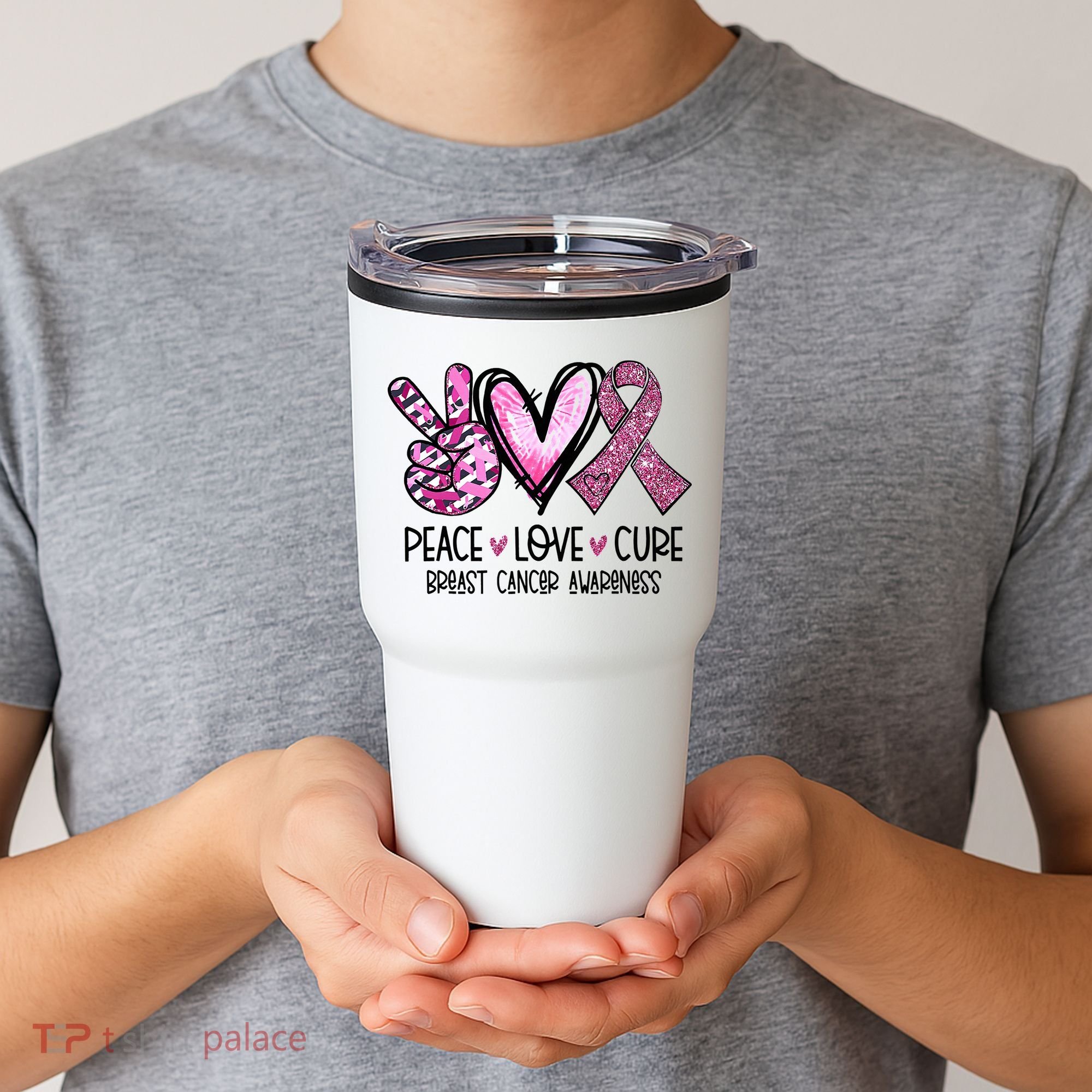Peace Love Cure Pink Ribbon Cancer Breast Awareness Tumbler