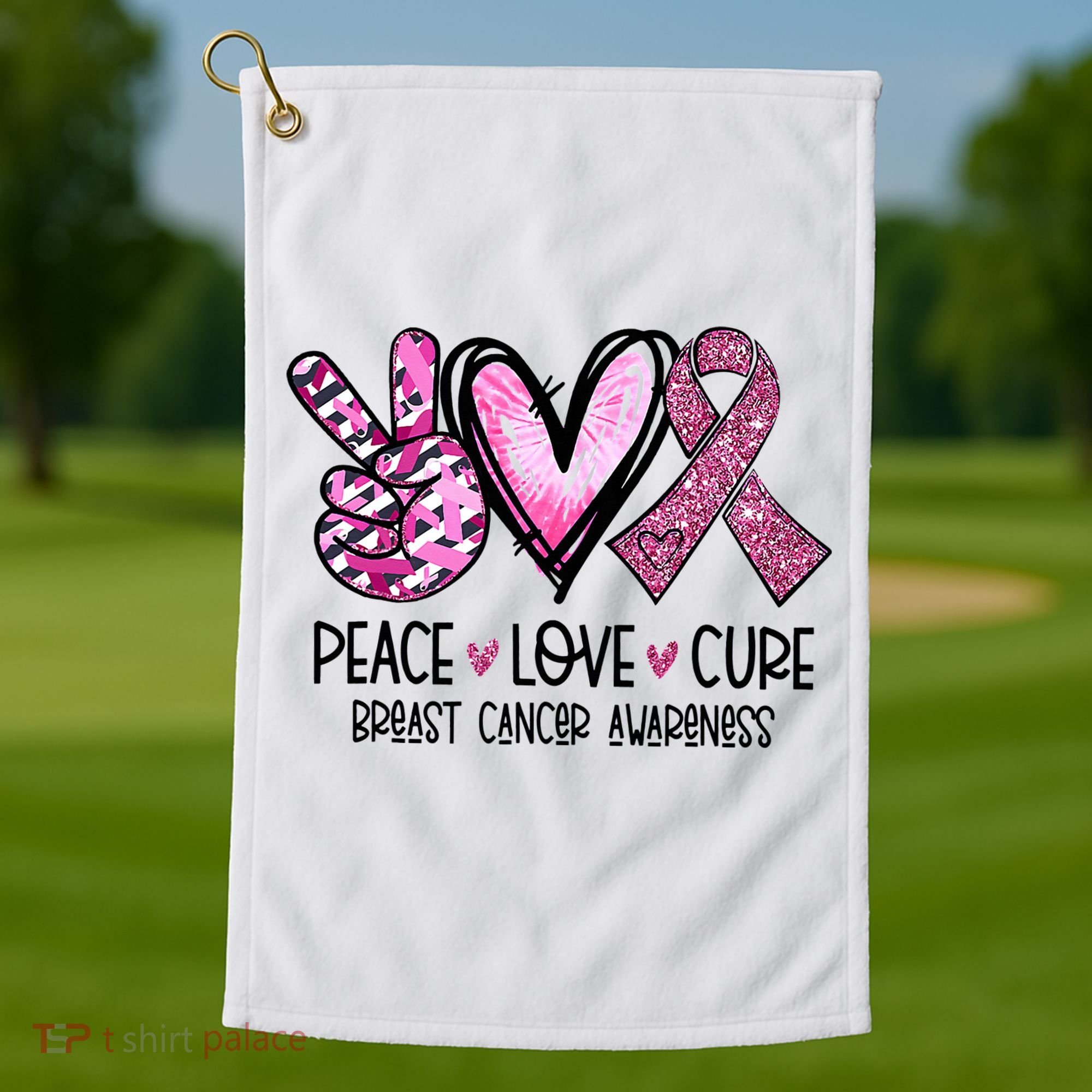 Peace Love Cure Pink Ribbon Cancer Breast Awareness Golf Towel