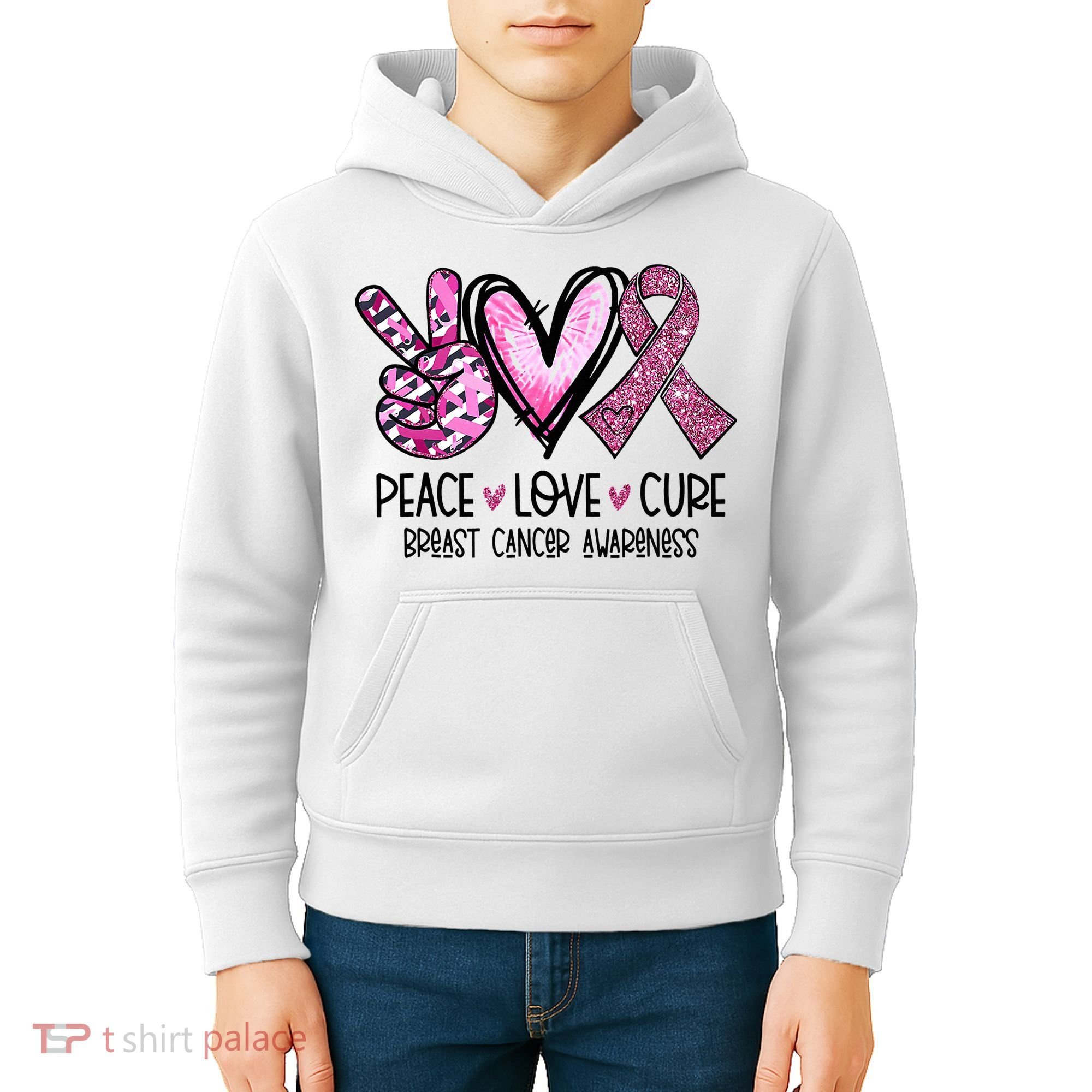 Peace Love Cure Pink Ribbon Cancer Breast Awareness Kids Hoodie