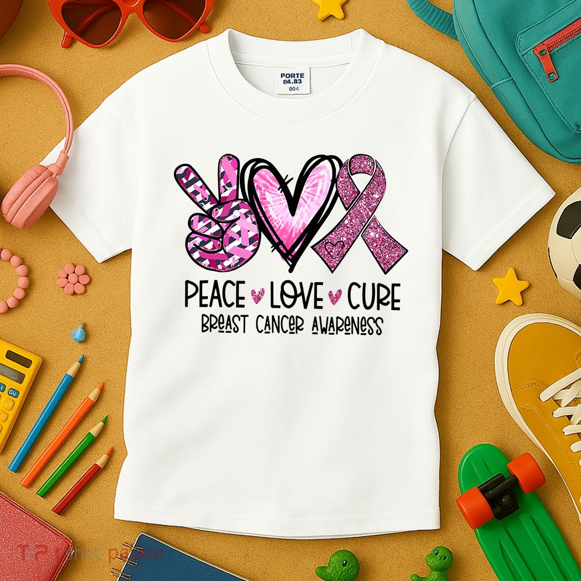 Peace Love Cure Pink Ribbon Cancer Breast Awareness Kids T-Shirt