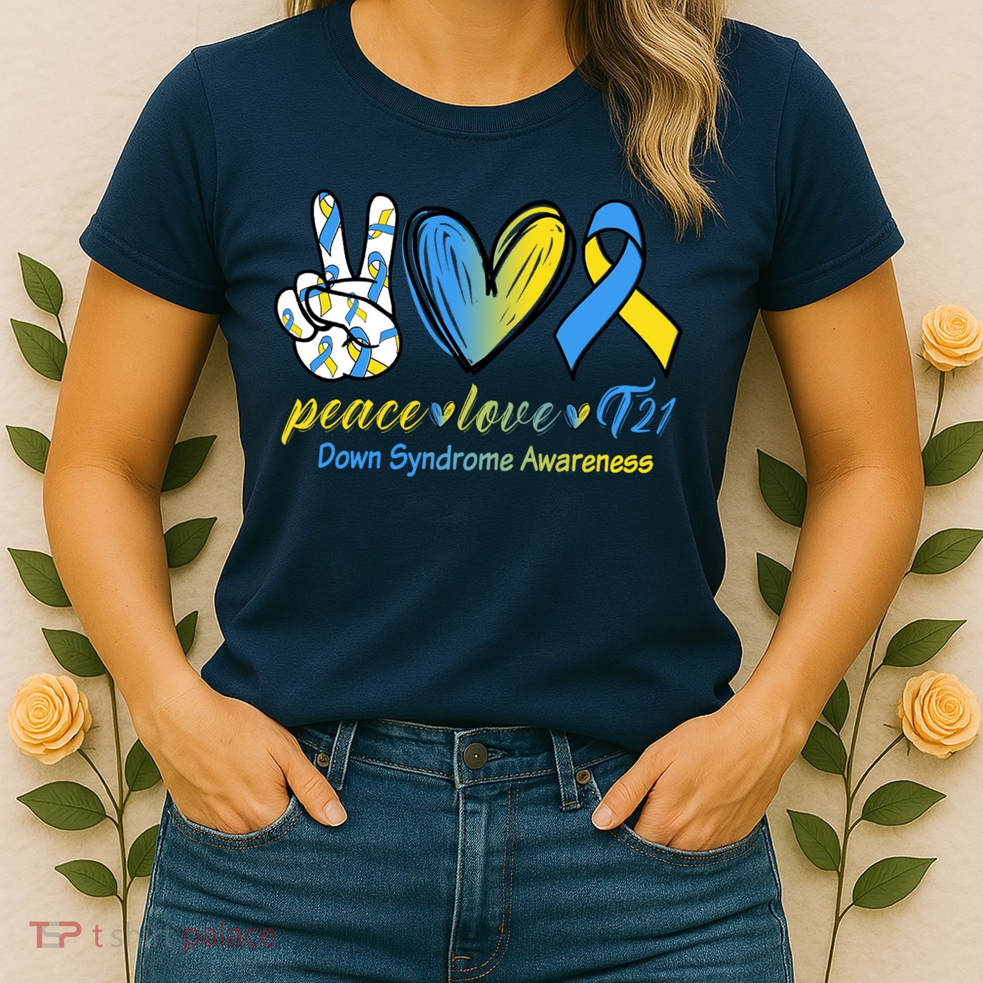 Peace Love Down Syndrome Ribbon Women's T-Shirt