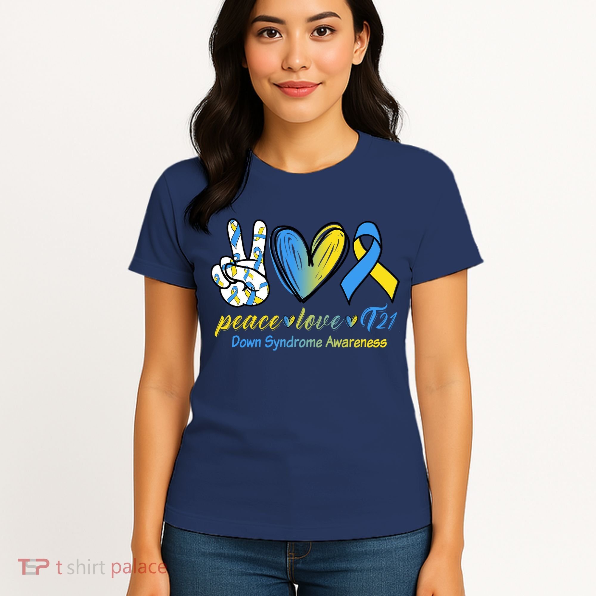 Peace Love Down Syndrome Ribbon Women's T-Shirt