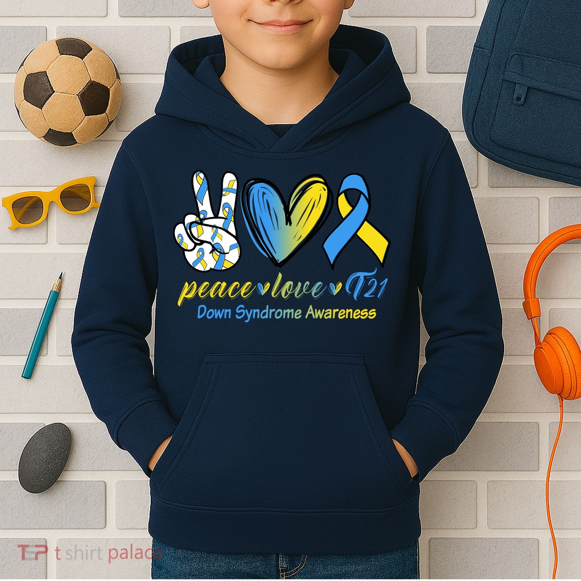 Peace Love Down Syndrome Ribbon Kids Hoodie