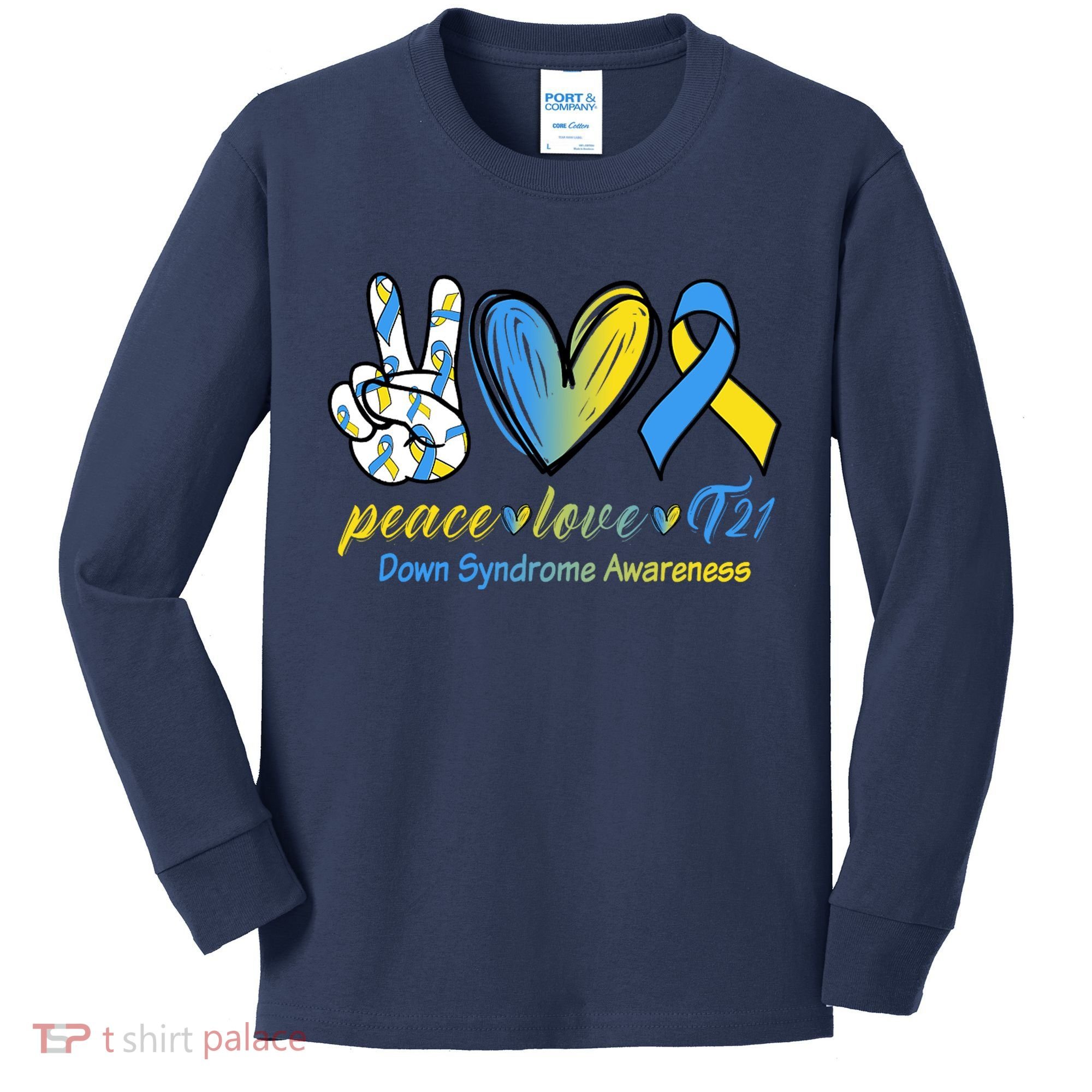 Peace Love Down Syndrome Ribbon Kids Long Sleeve Shirt