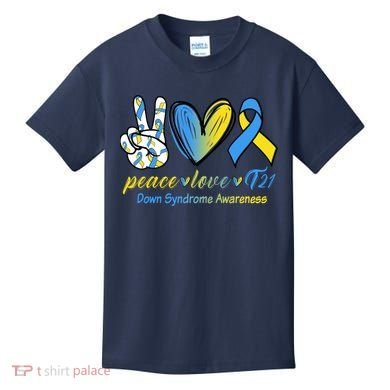 Peace Love Down Syndrome Ribbon Kids T-Shirt