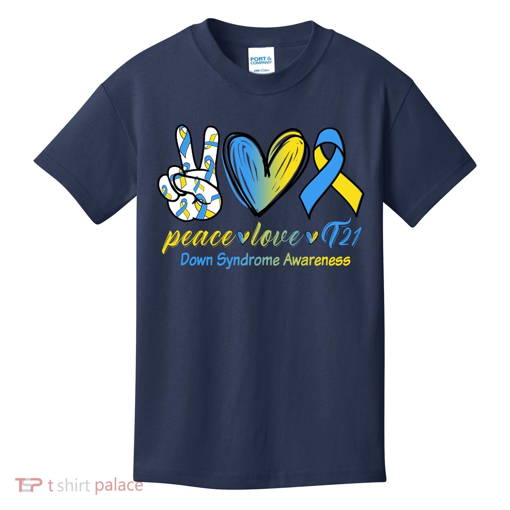 Peace Love Down Syndrome Ribbon Kids T-Shirt