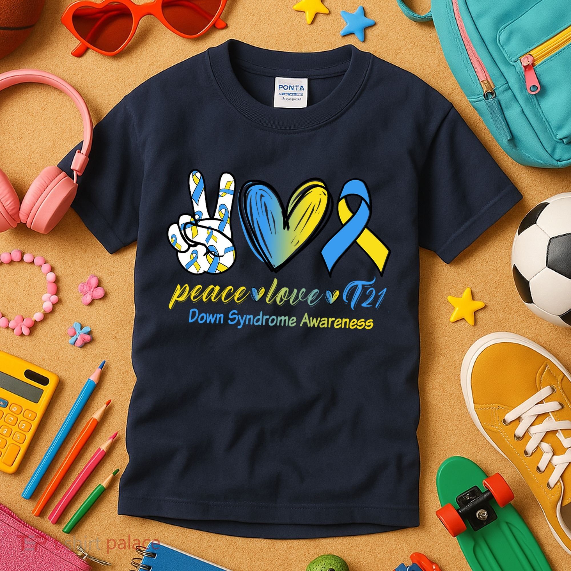Peace Love Down Syndrome Ribbon Kids T-Shirt