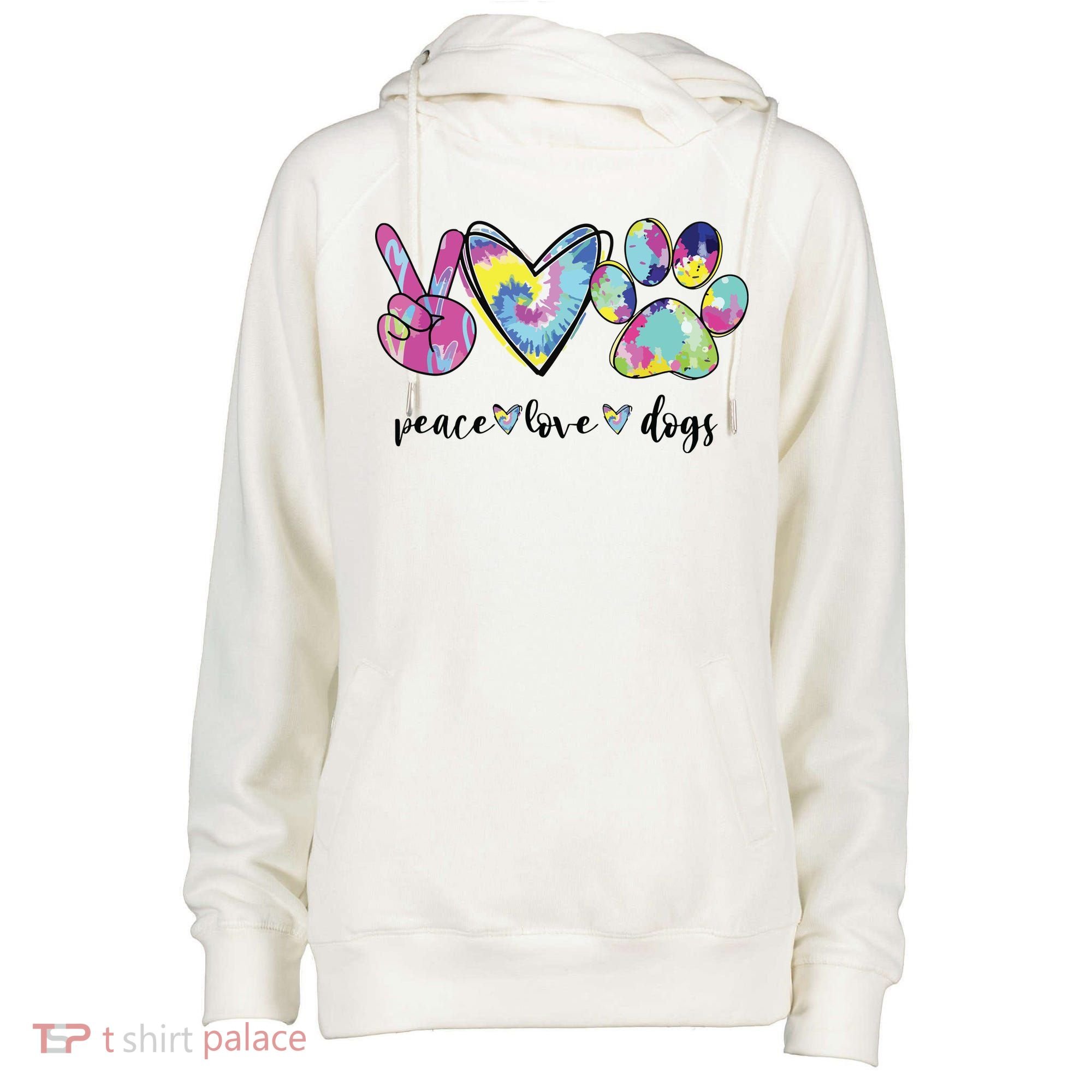Peace Love Dogs Lover Puppy Paw Dog Womens Funnel Neck Pullover Hood