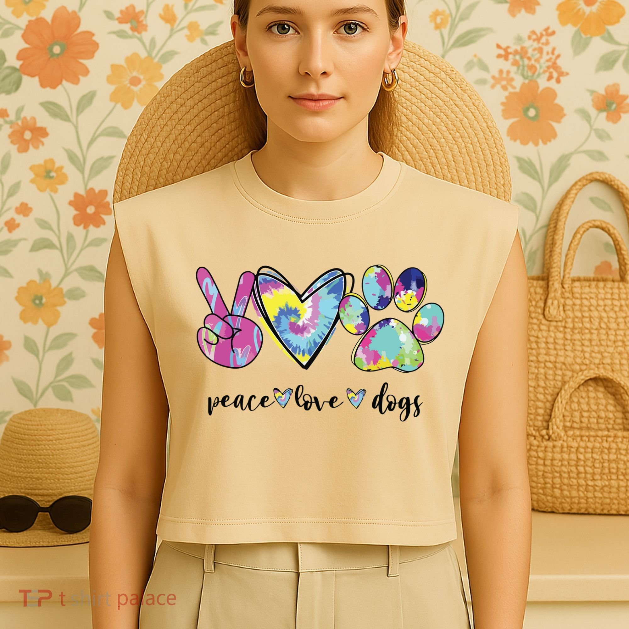 Peace Love Dogs Lover Puppy Paw Dog Garment-Dyed Women's Muscle Tee