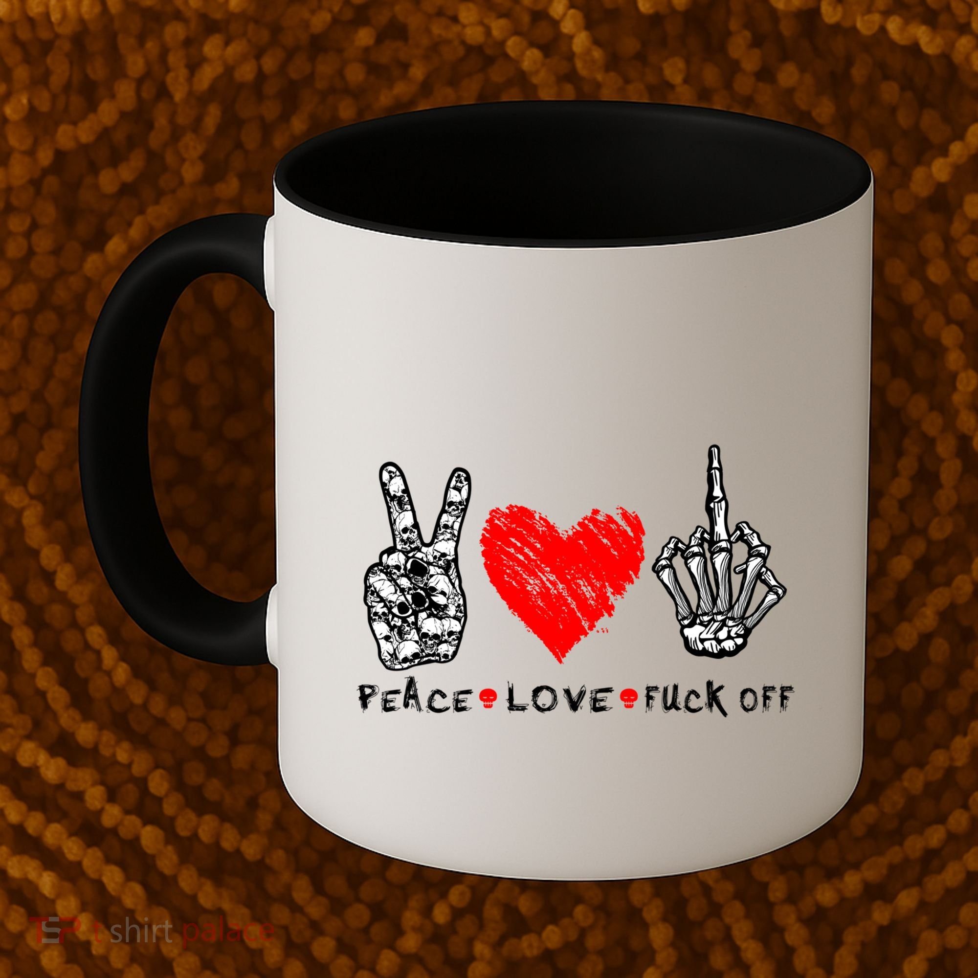 Peace Love Fuck Off Skeleton Hand Red Heart Hippie Gift Coffee Mug