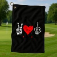 Peace Love Fuck Off Skeleton Hand Red Heart Hippie Gift Golf Towel thumb 1