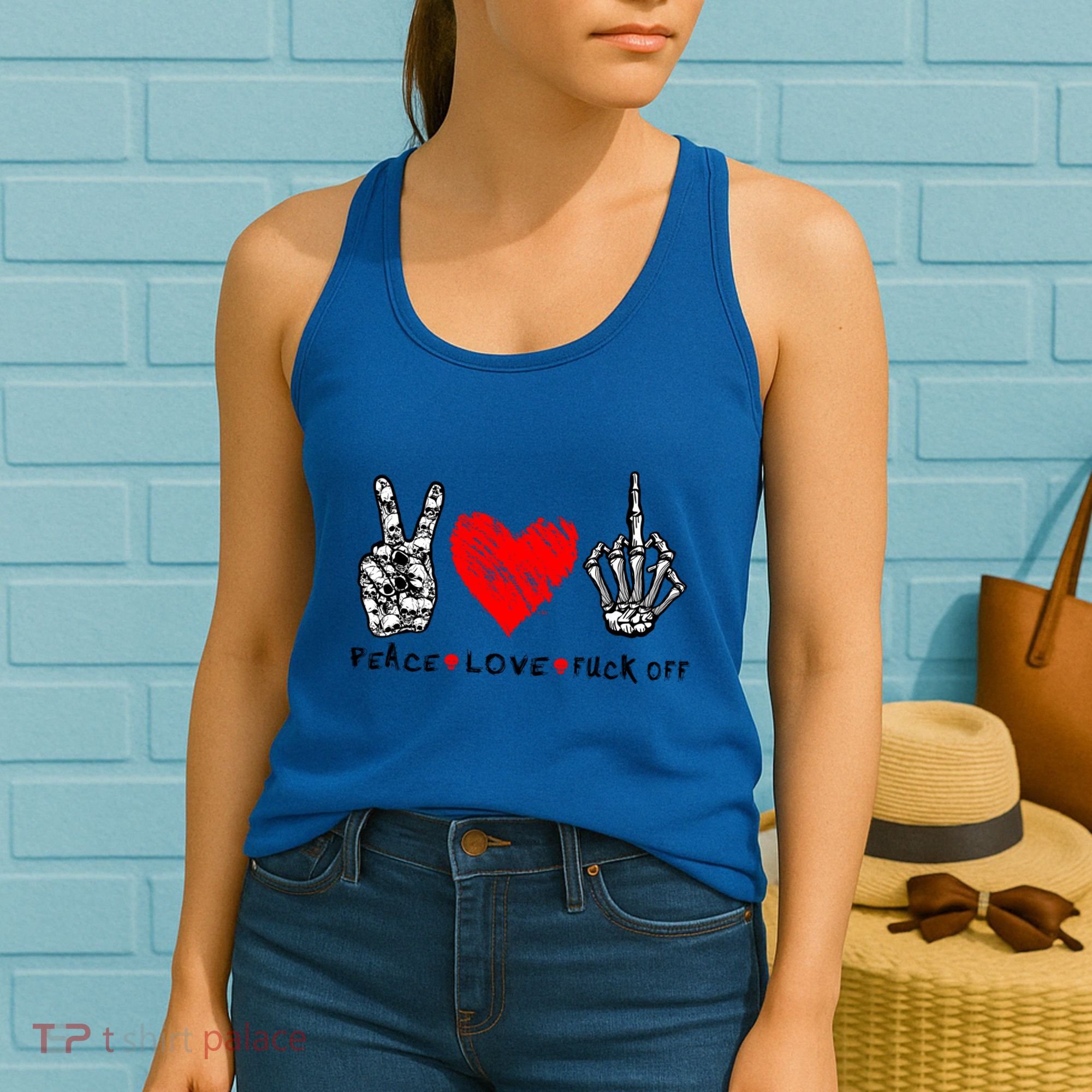 Peace Love Fuck Off Skeleton Hand Red Heart Hippie Gift Women's Tank Top