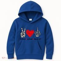 Peace Love Fuck Off Skeleton Hand Red Heart Hippie Gift Kids Hoodie thumb 0