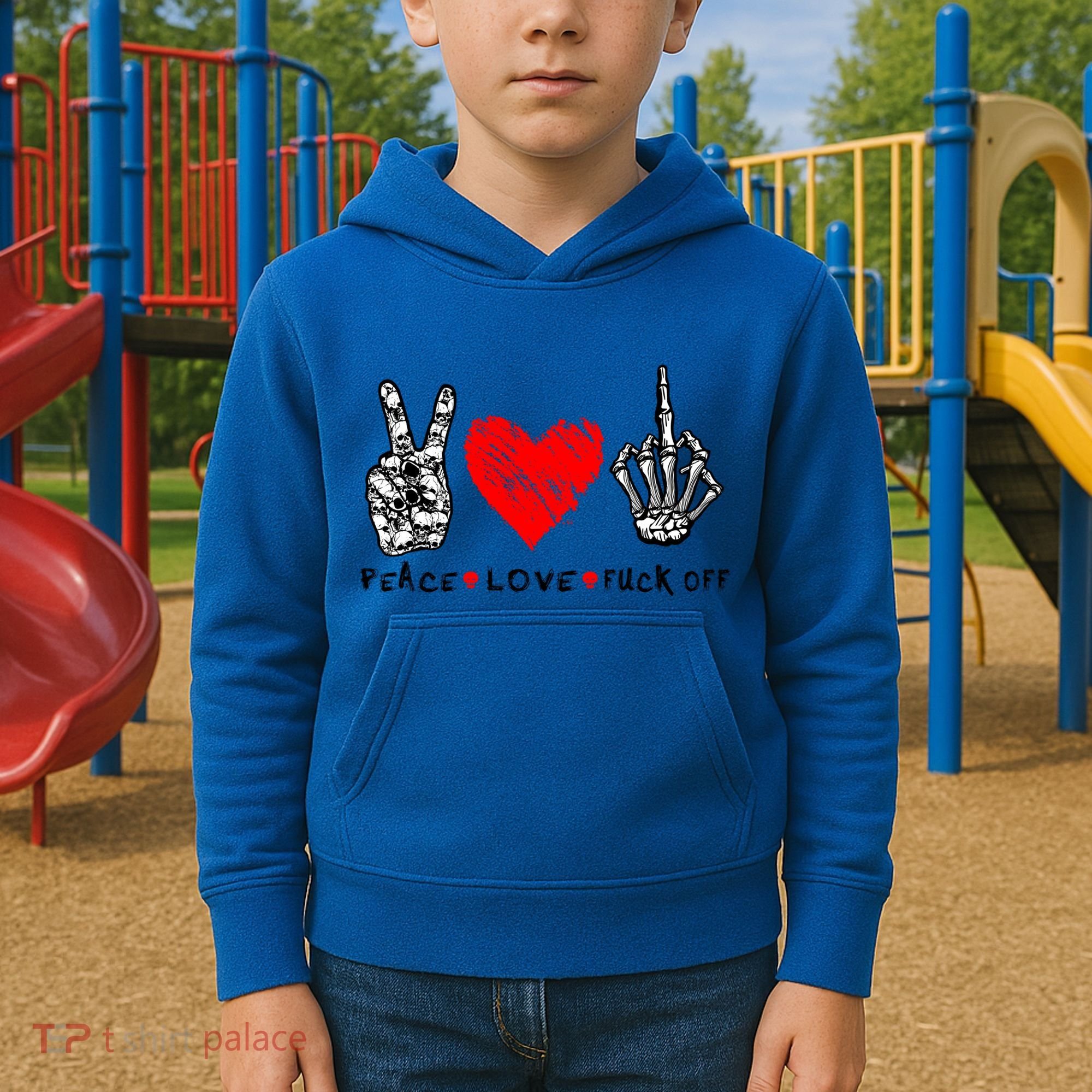 Peace Love Fuck Off Skeleton Hand Red Heart Hippie Gift Kids Hoodie