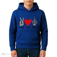 Peace Love Fuck Off Skeleton Hand Red Heart Hippie Gift Kids Hoodie thumb 4