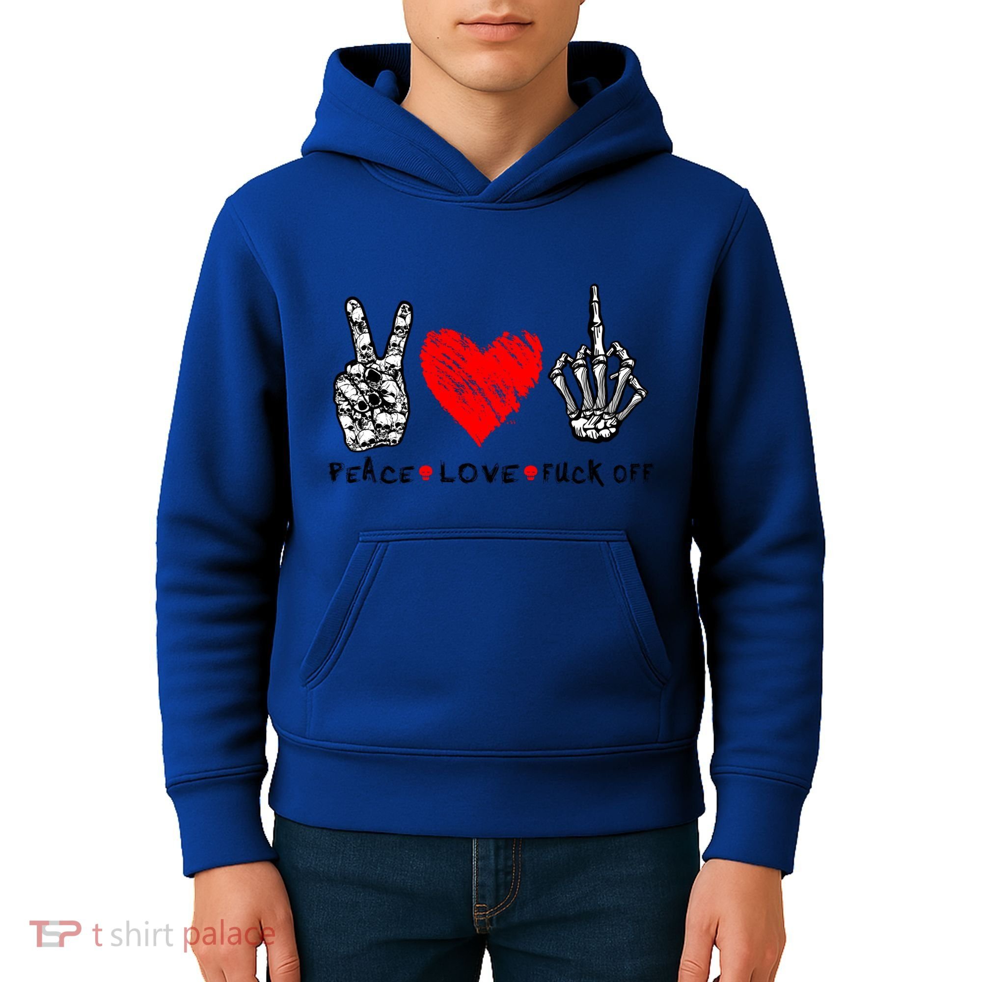 Peace Love Fuck Off Skeleton Hand Red Heart Hippie Gift Kids Hoodie