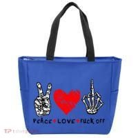 Peace Love Fuck Off Skeleton Hand Red Heart Hippie Gift Tote Bag thumb 0