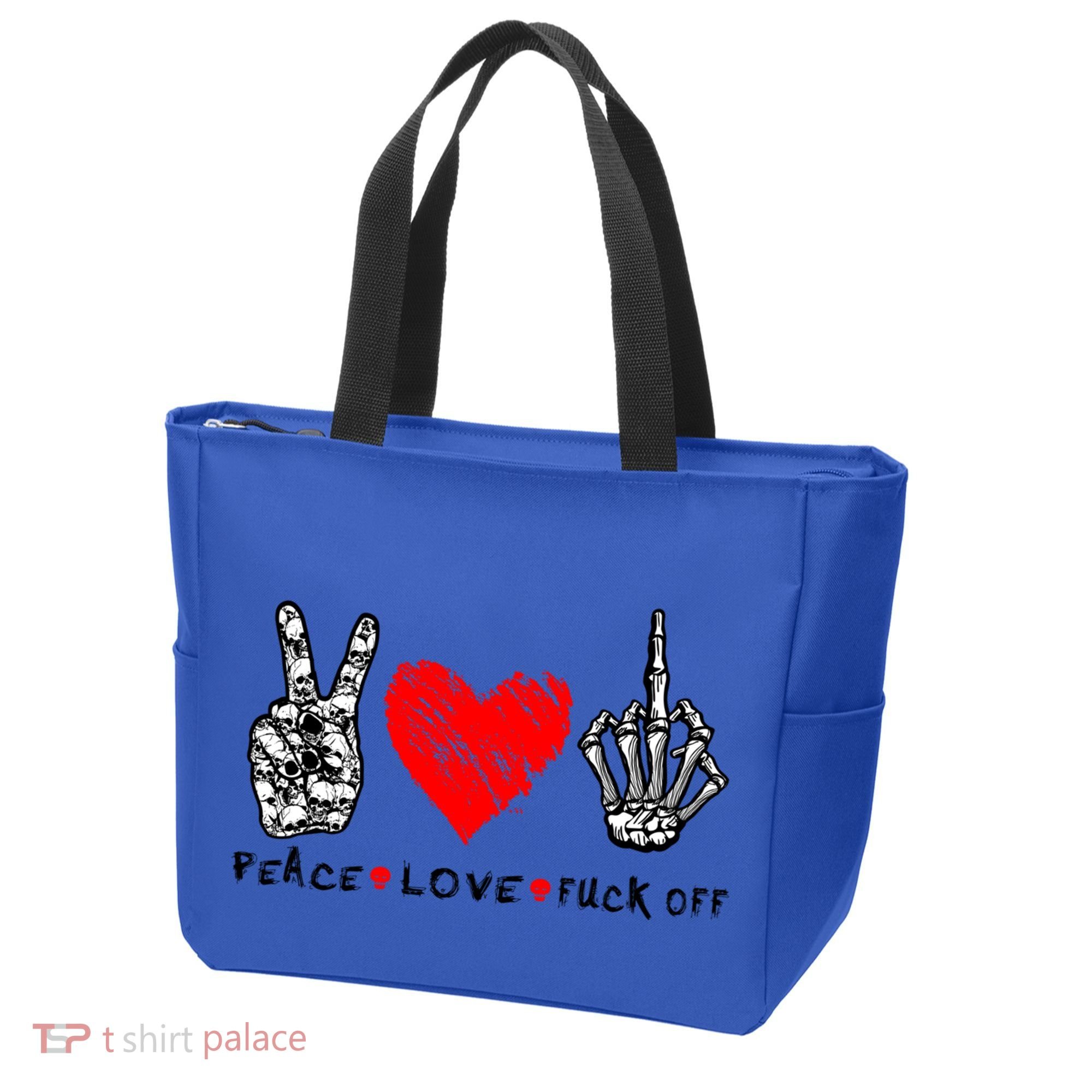 Peace Love Fuck Off Skeleton Hand Red Heart Hippie Gift Tote Bag