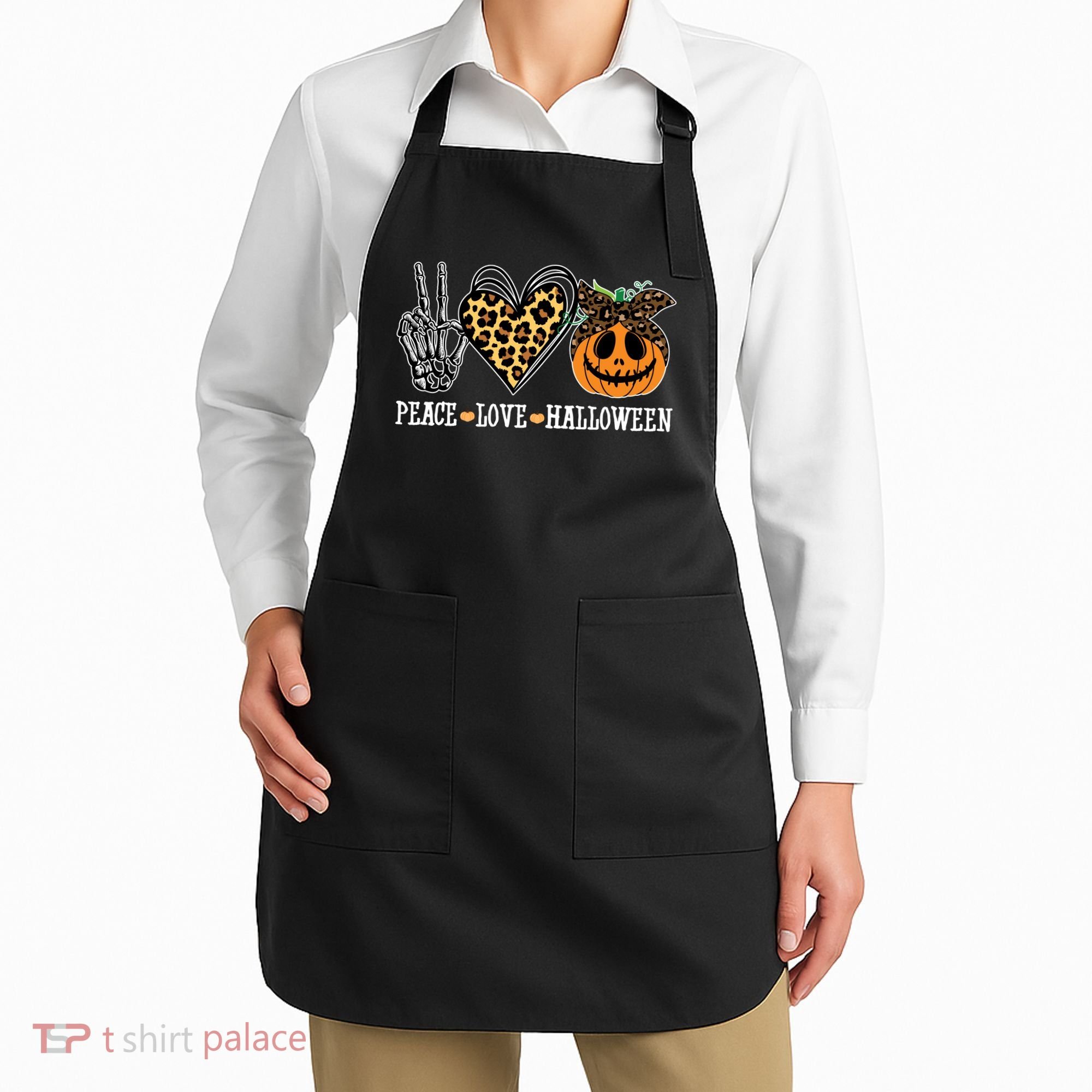 Peace Love Halloween Festive Leopard Apron