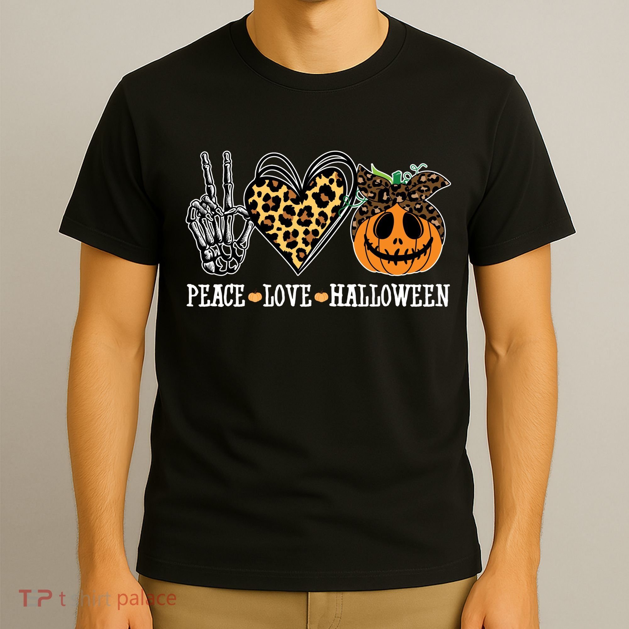 Peace Love Halloween Festive Leopard T-Shirt