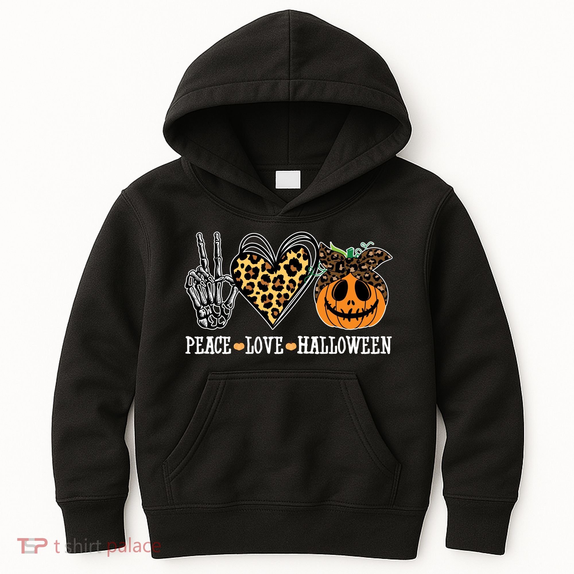 Peace Love Halloween Festive Leopard Kids Hoodie