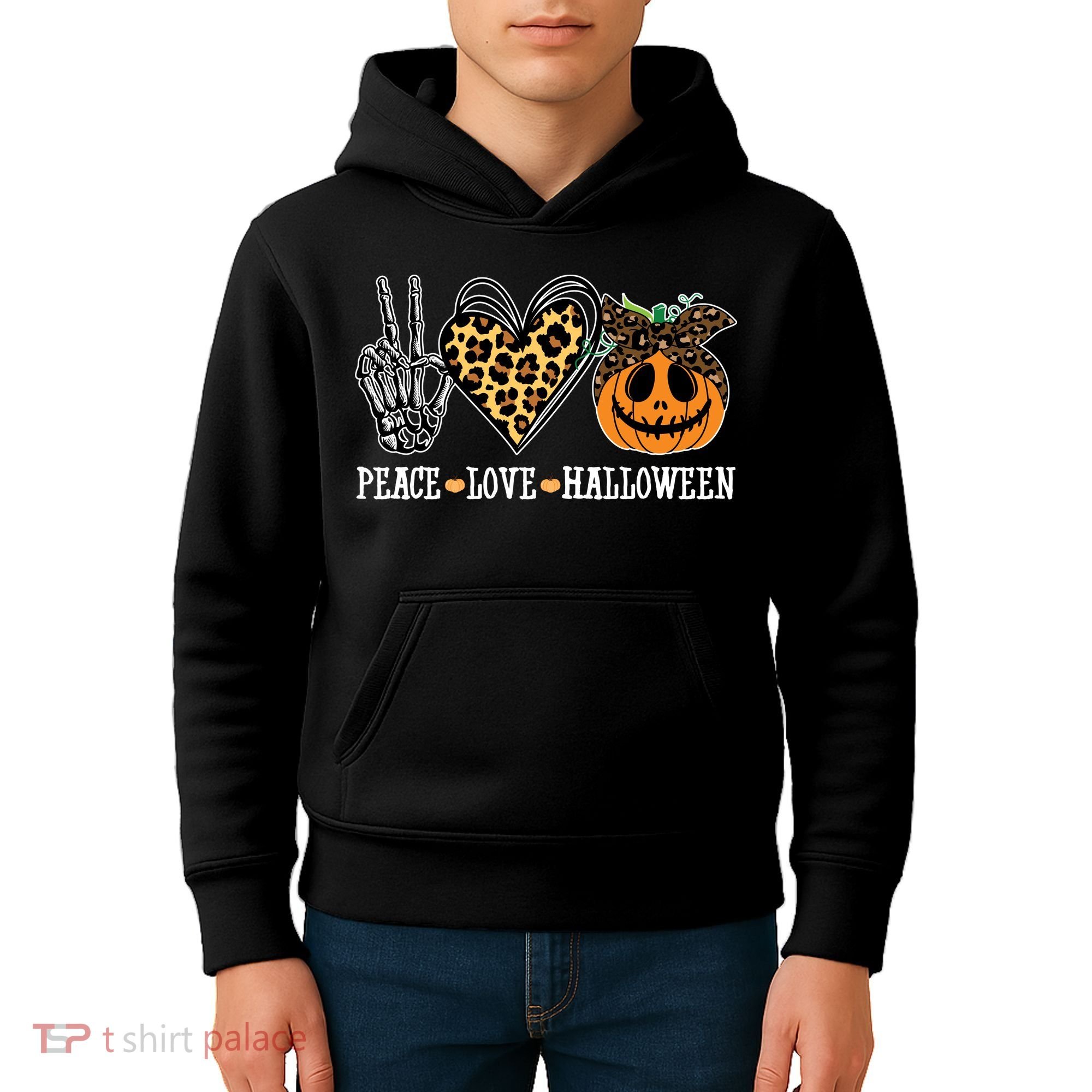 Peace Love Halloween Festive Leopard Kids Hoodie