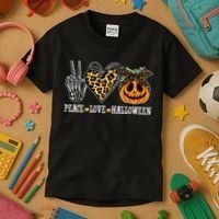 Peace Love Halloween Festive Leopard Kids T-Shirt thumb 3