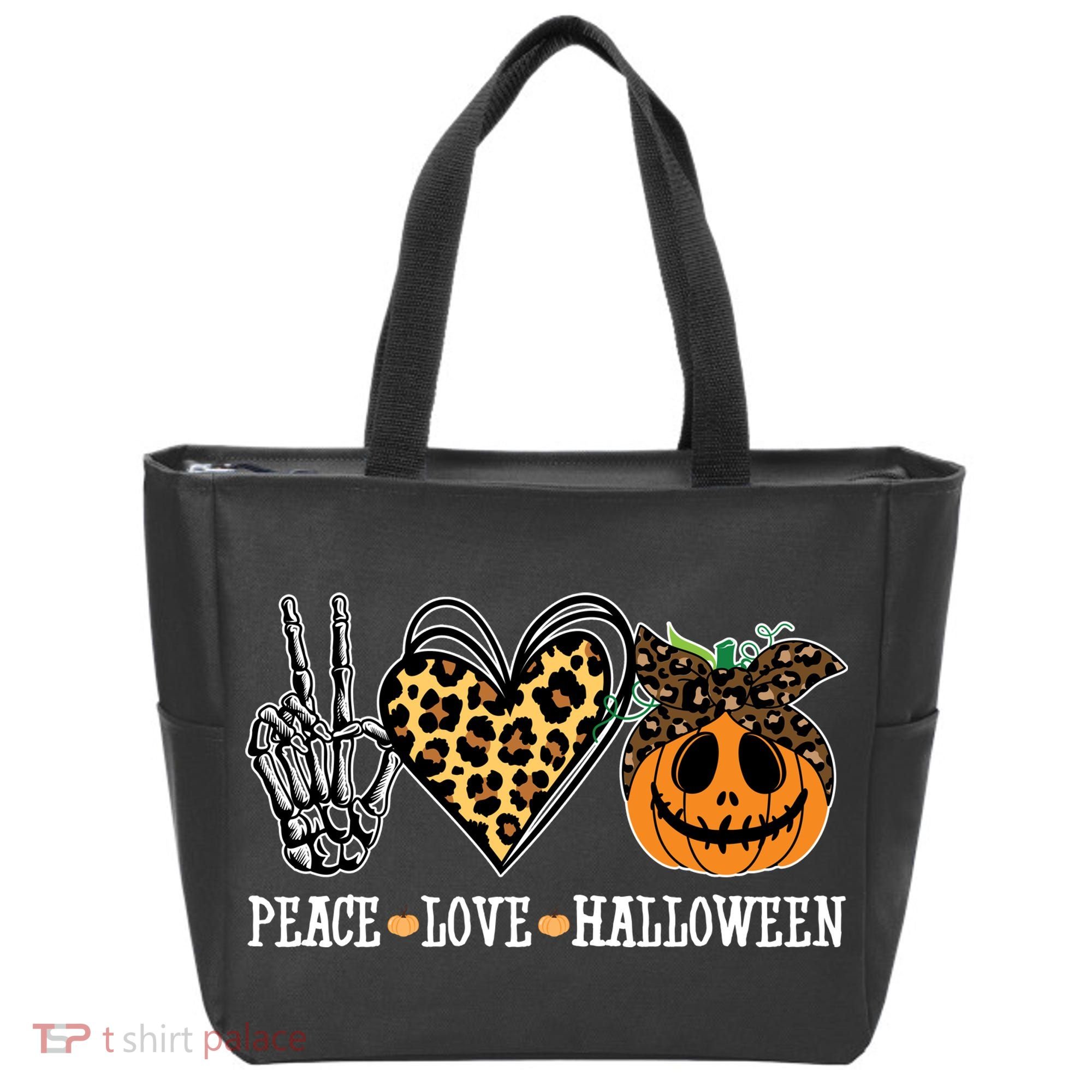 Peace Love Halloween Festive Leopard Tote Bag