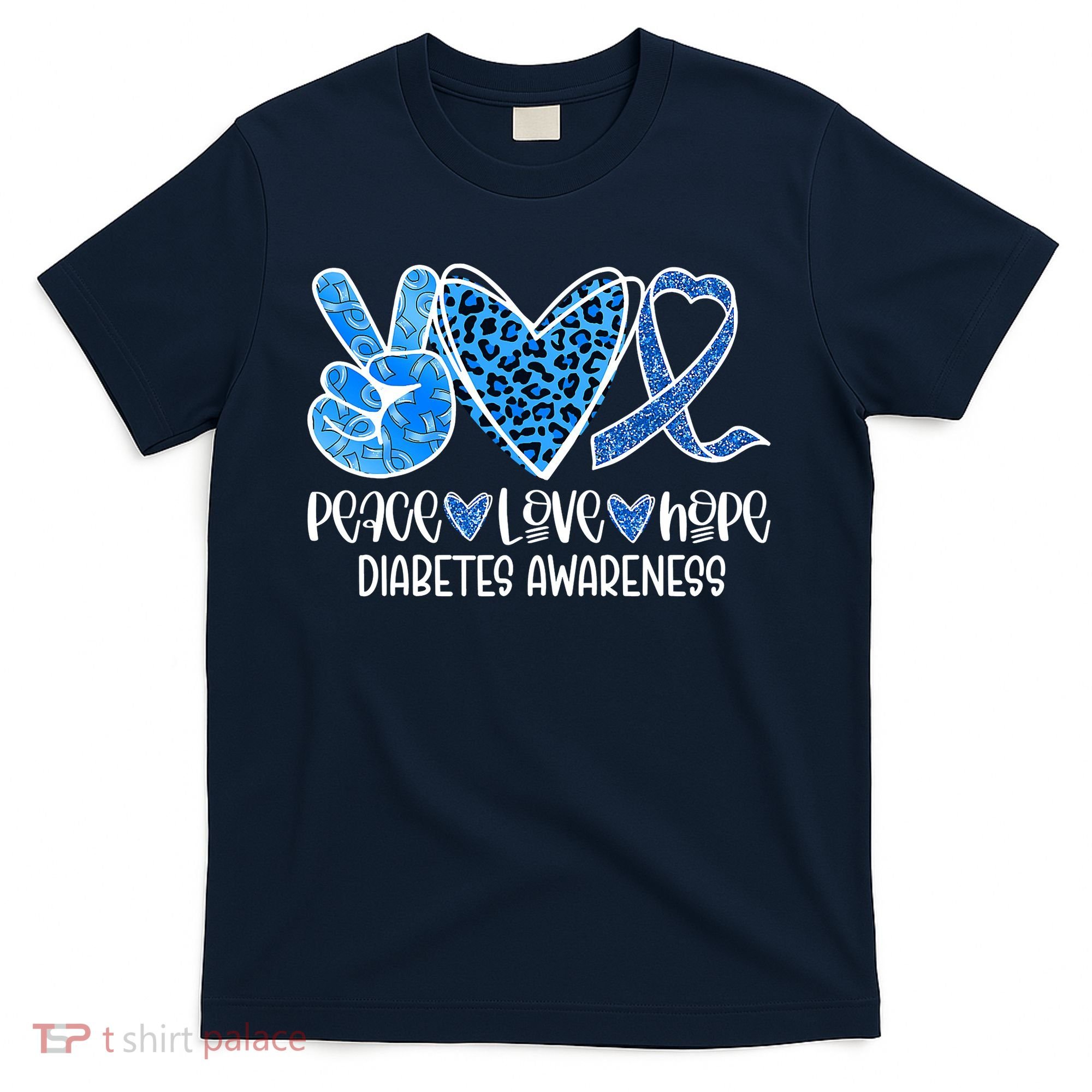 Peace Love Hope Leopard Blue Type 1 Diabetes Awareness T-Shirt
