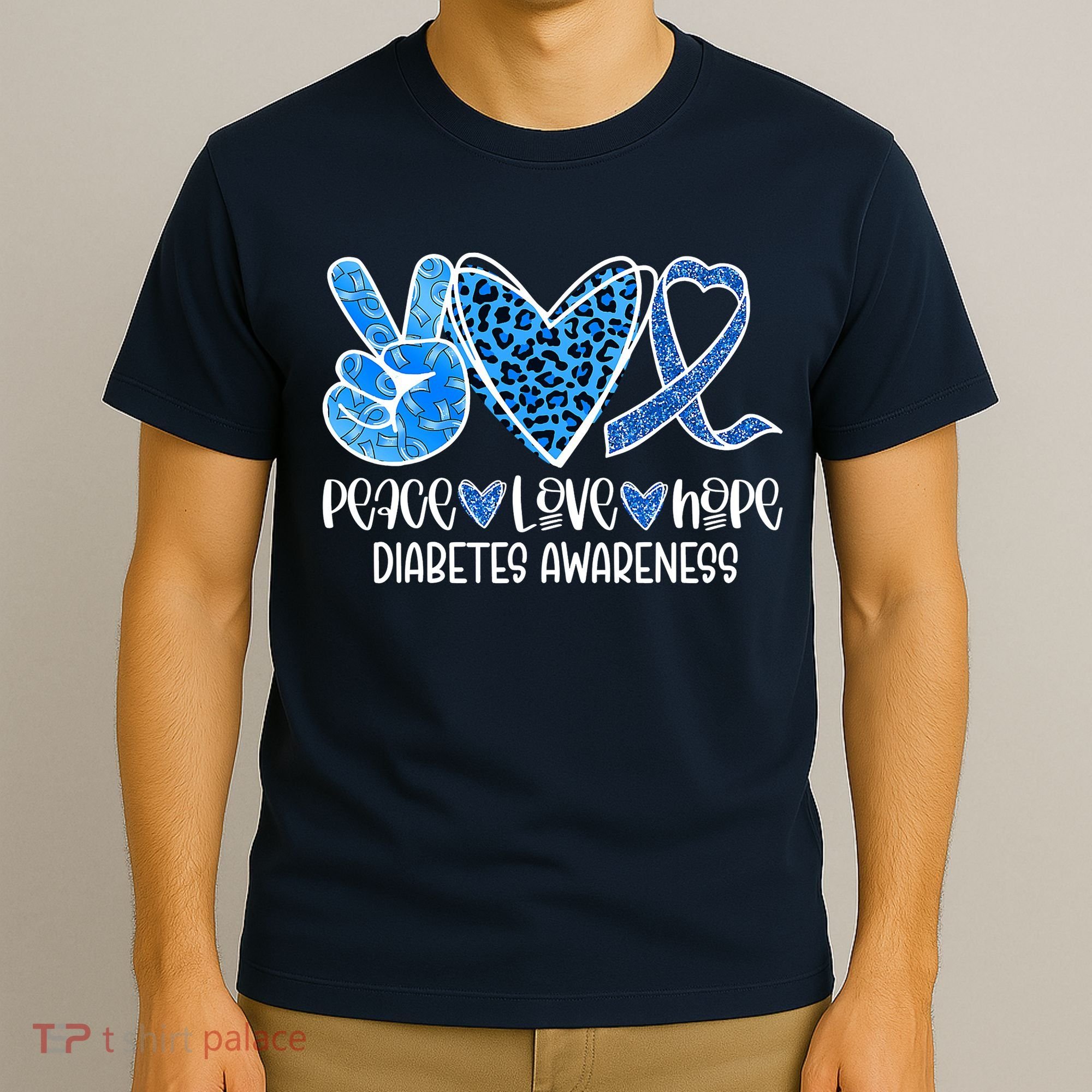 Peace Love Hope Leopard Blue Type 1 Diabetes Awareness T-Shirt