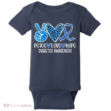 Peace Love Hope Leopard Blue Type 1 Diabetes Awareness Baby Bodysuit
