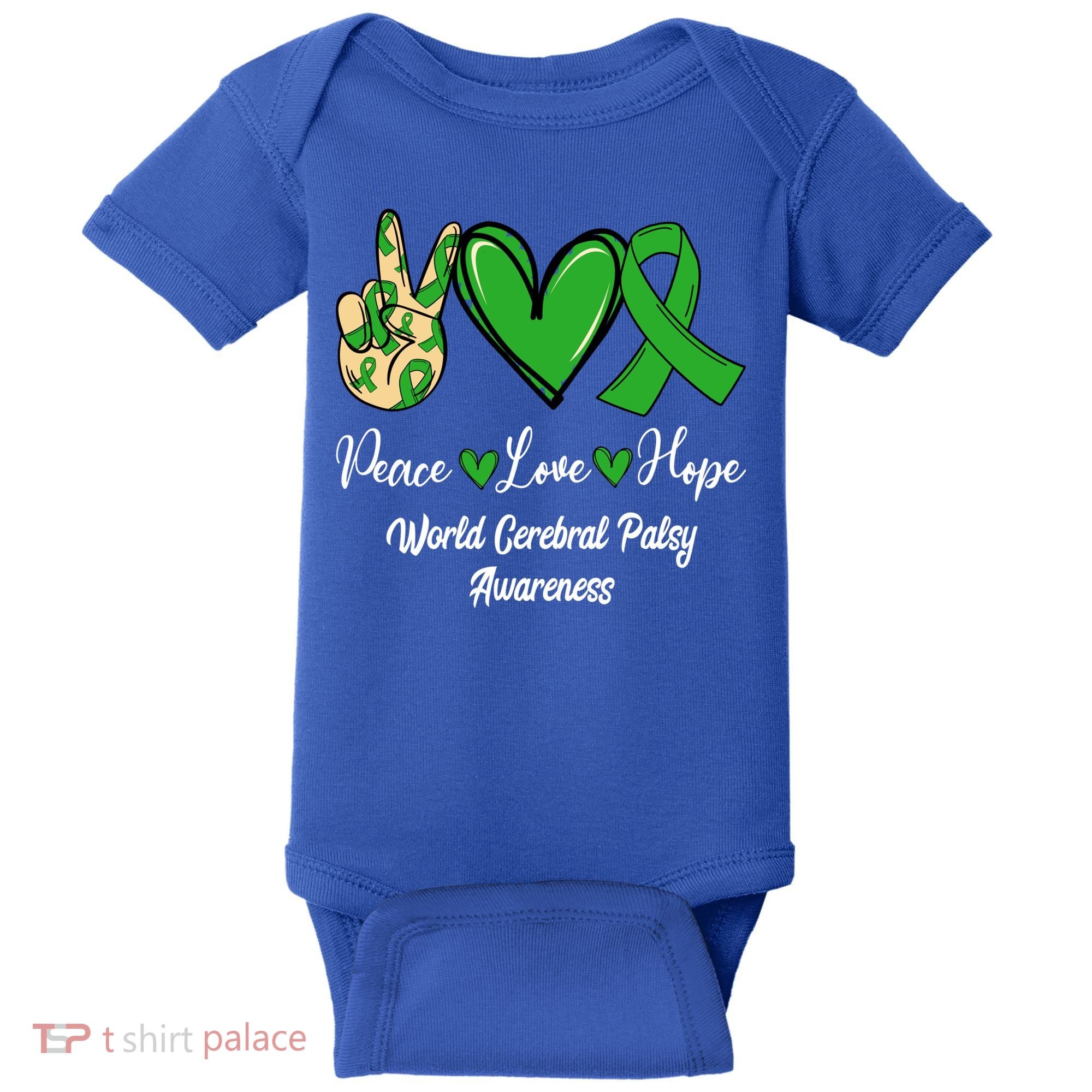Peace Love Hope World Cerebral Palsy Awareness Day Ribbon Great Gift Baby Bodysuit
