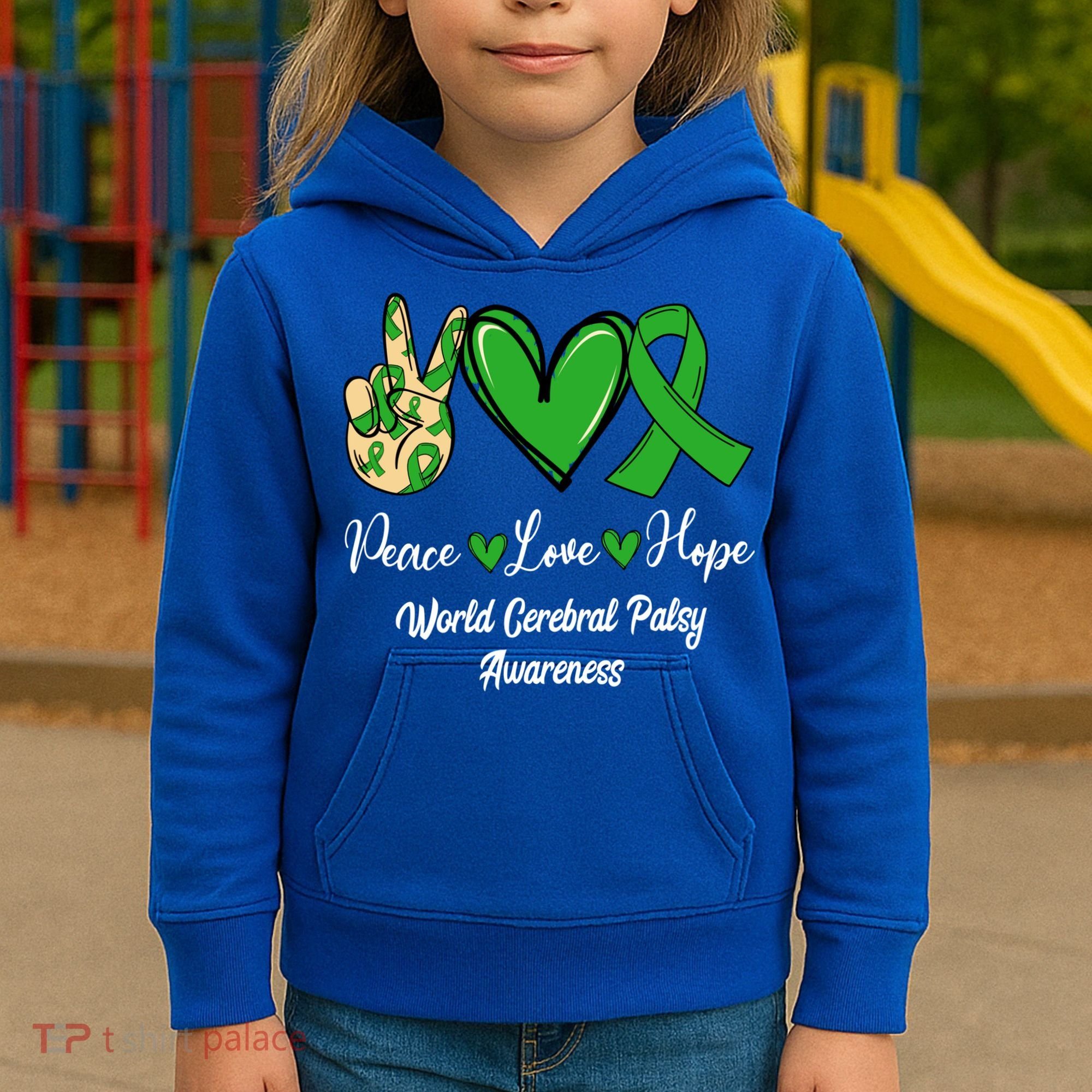 Peace Love Hope World Cerebral Palsy Awareness Day Ribbon Great Gift Kids Hoodie