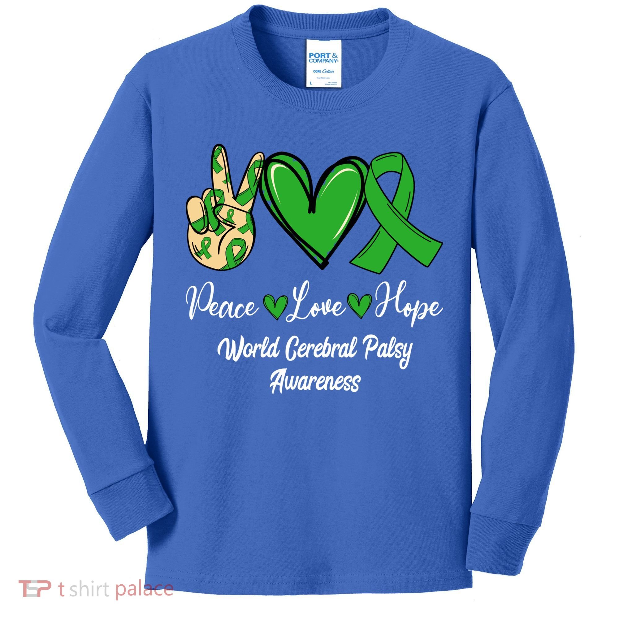Peace Love Hope World Cerebral Palsy Awareness Day Ribbon Great Gift Kids Long Sleeve Shirt