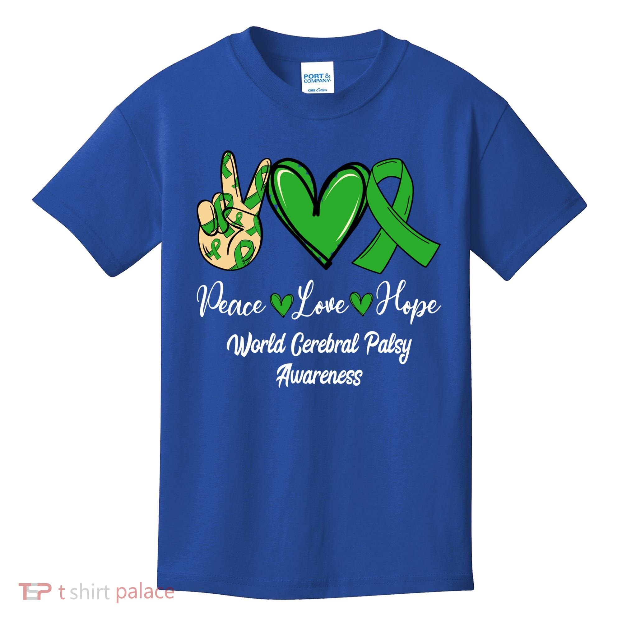 Peace Love Hope World Cerebral Palsy Awareness Day Ribbon Great Gift Kids T-Shirt