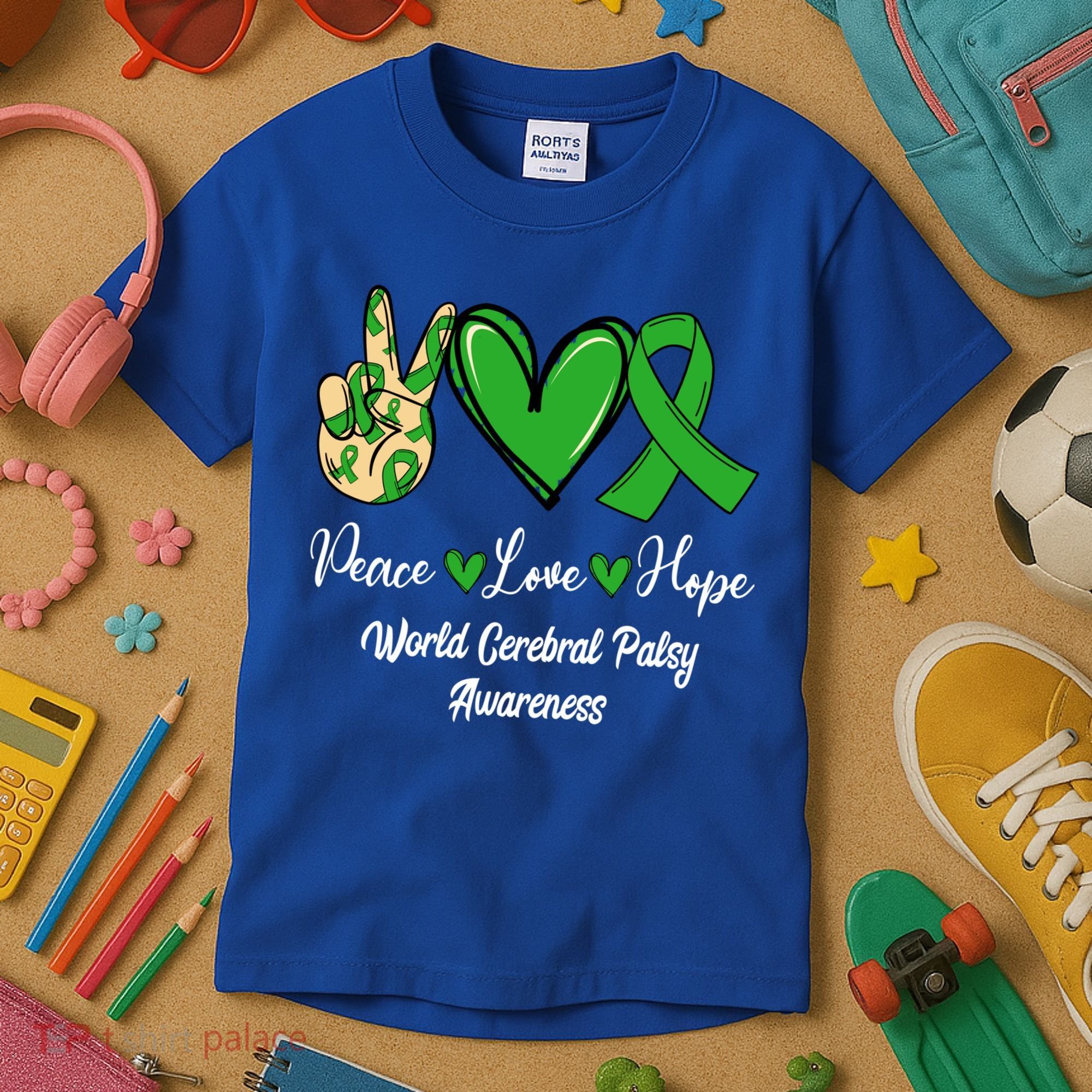 Peace Love Hope World Cerebral Palsy Awareness Day Ribbon Great Gift Kids T-Shirt