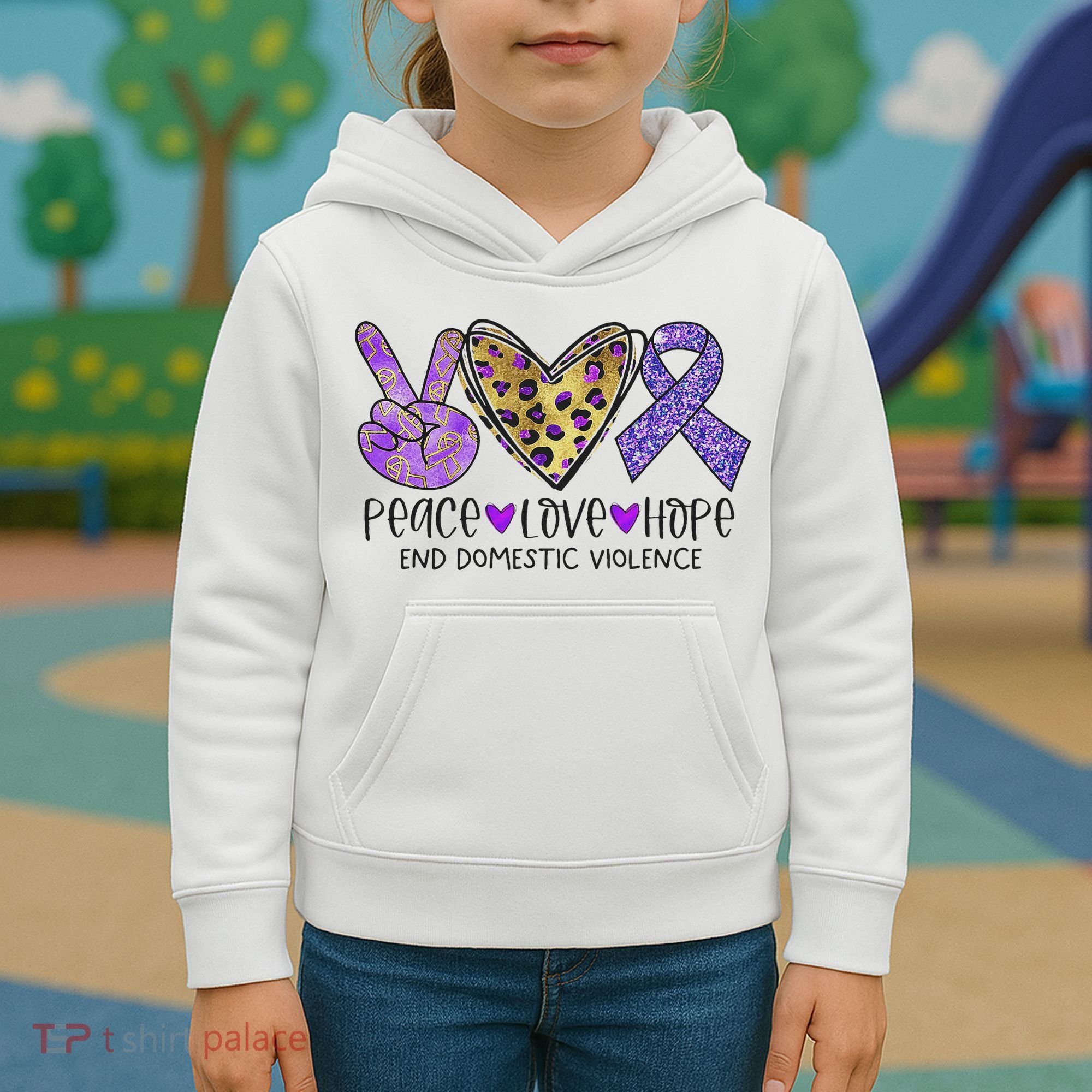 Peace Love Hope End Domestic Violence Awareness Kids Hoodie