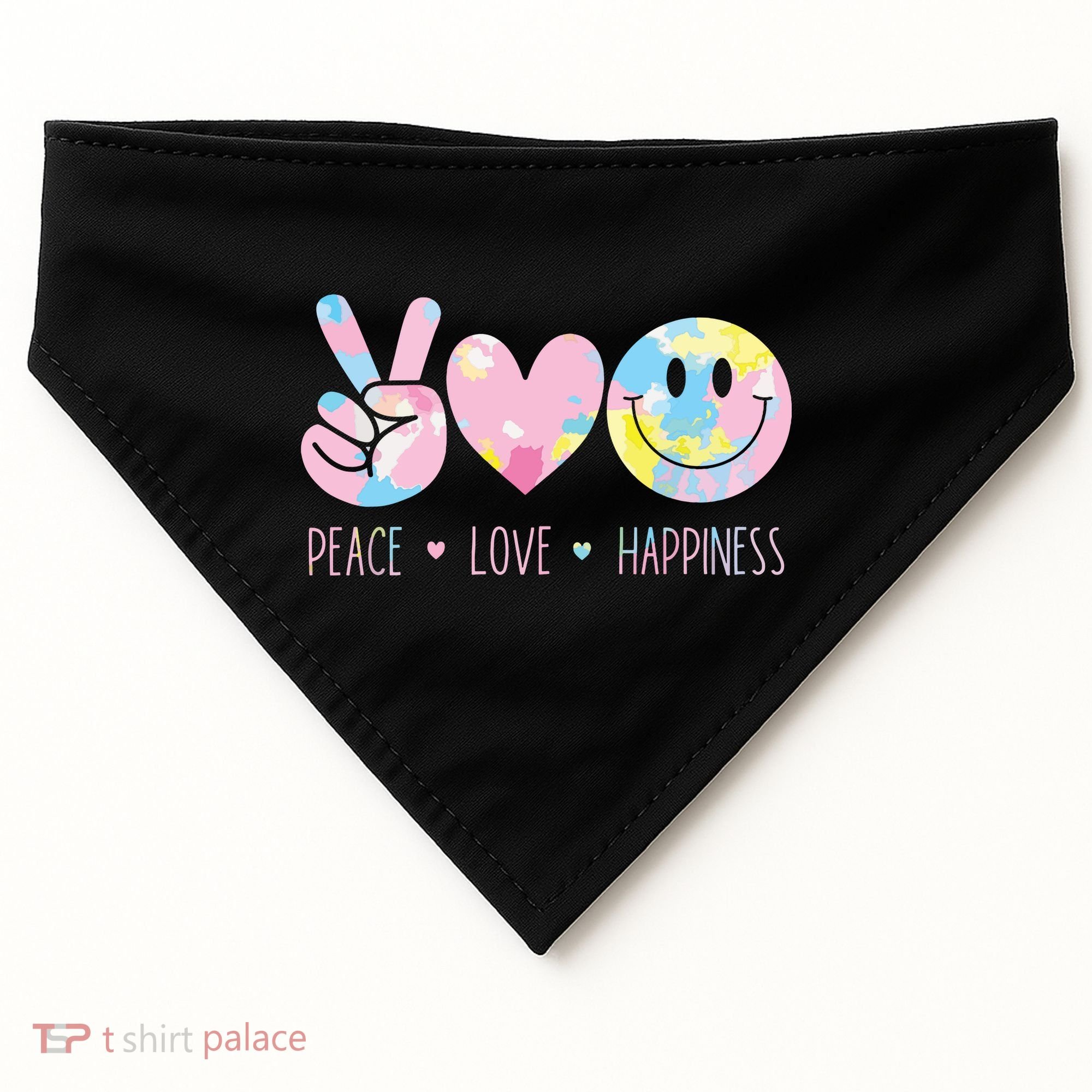 Peace Love Happiness Rainbow Tie Dye Smile Face Cute USA-Made Doggie Bandana