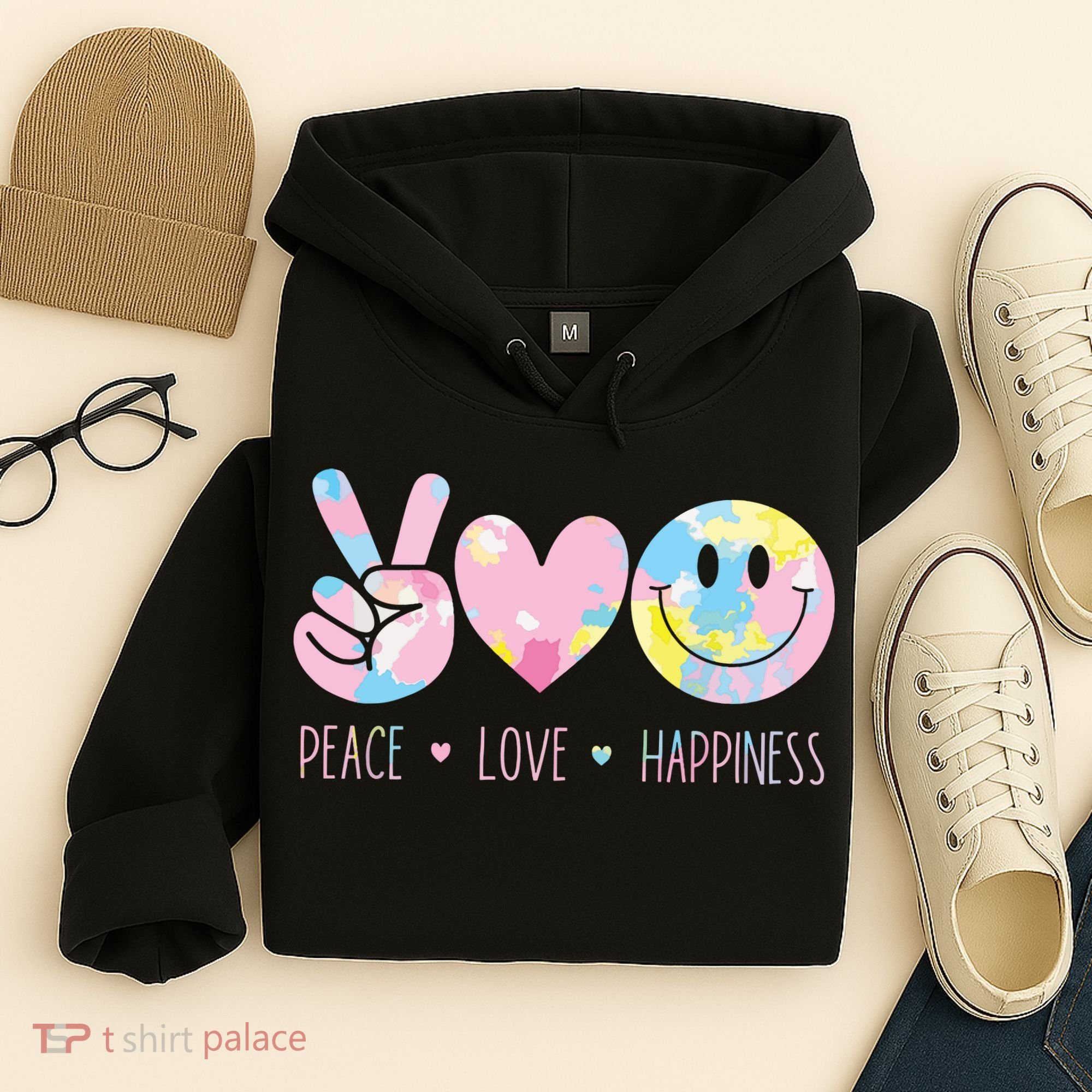 Peace Love Happiness Rainbow Tie Dye Smile Face Cute Hoodie