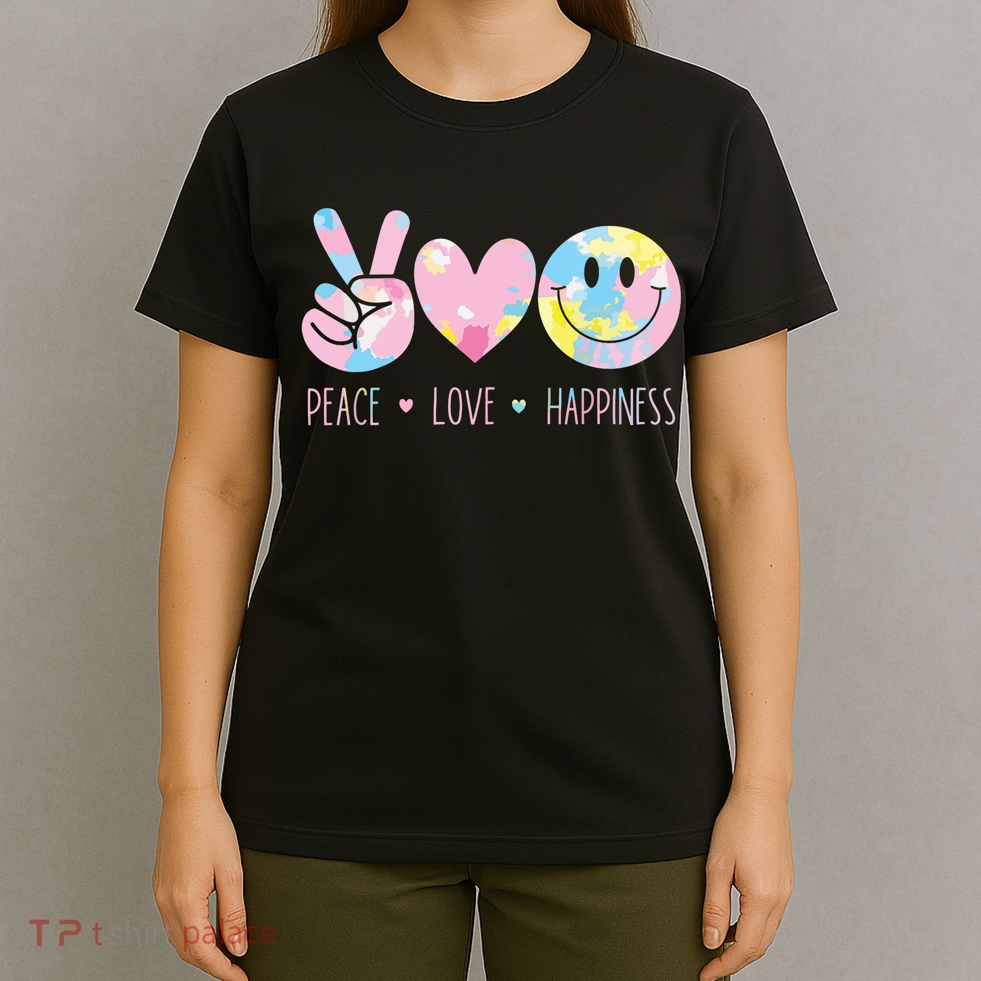 Peace Love Happiness Rainbow Tie Dye Smile Face Cute T-Shirt