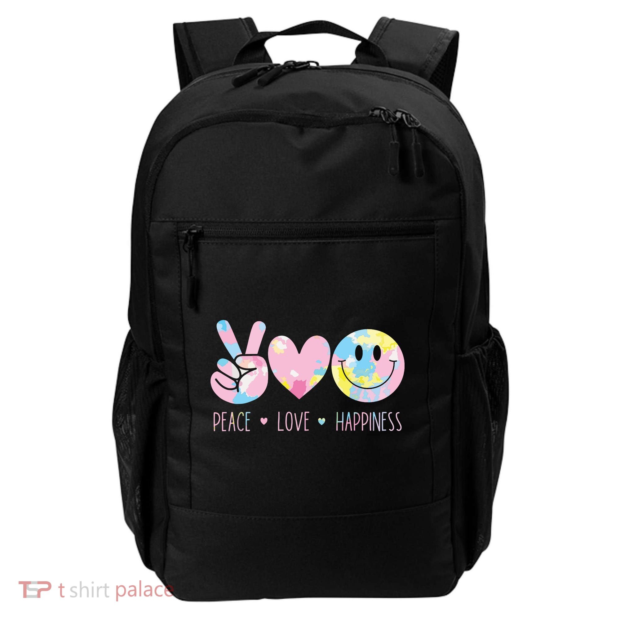 Peace Love Happiness Rainbow Tie Dye Smile Face Cute Backpack