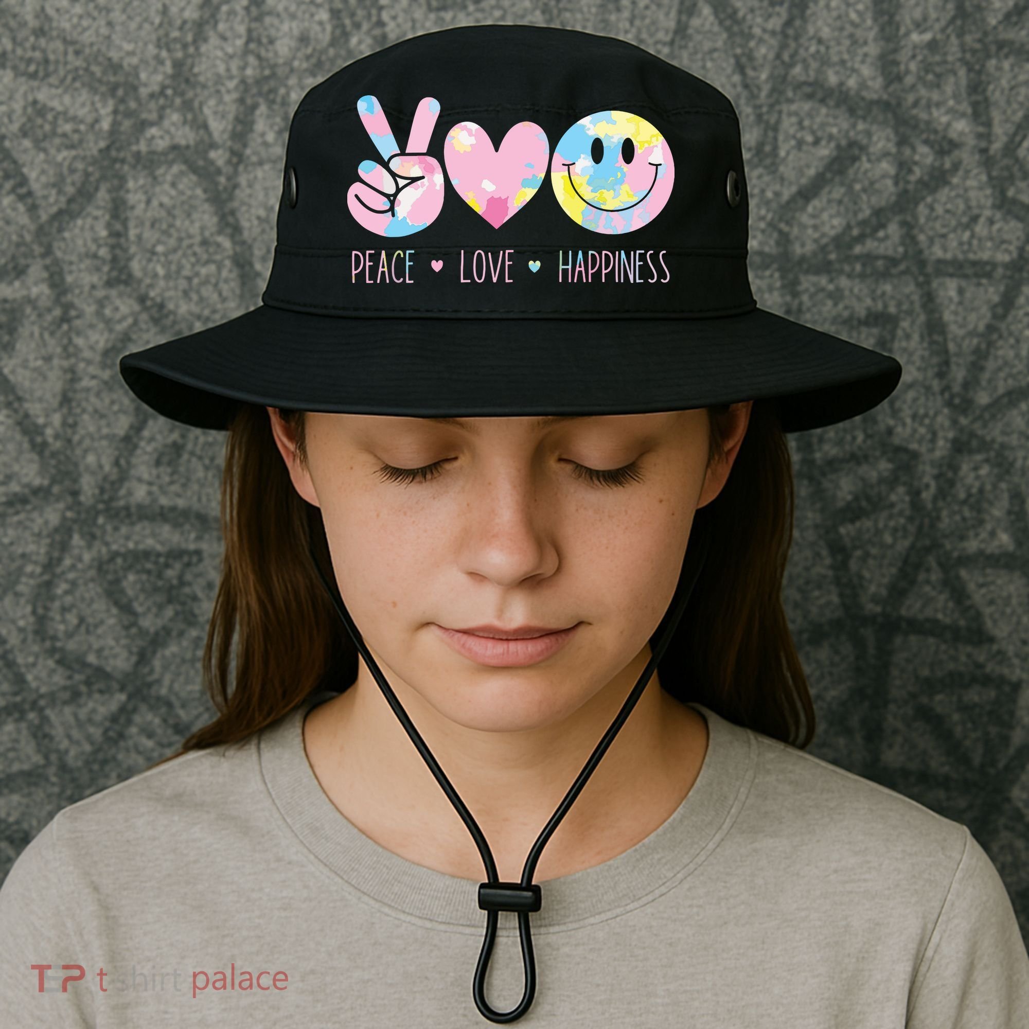 Peace Love Happiness Rainbow Tie Dye Smile Face Cute Bucket Hat