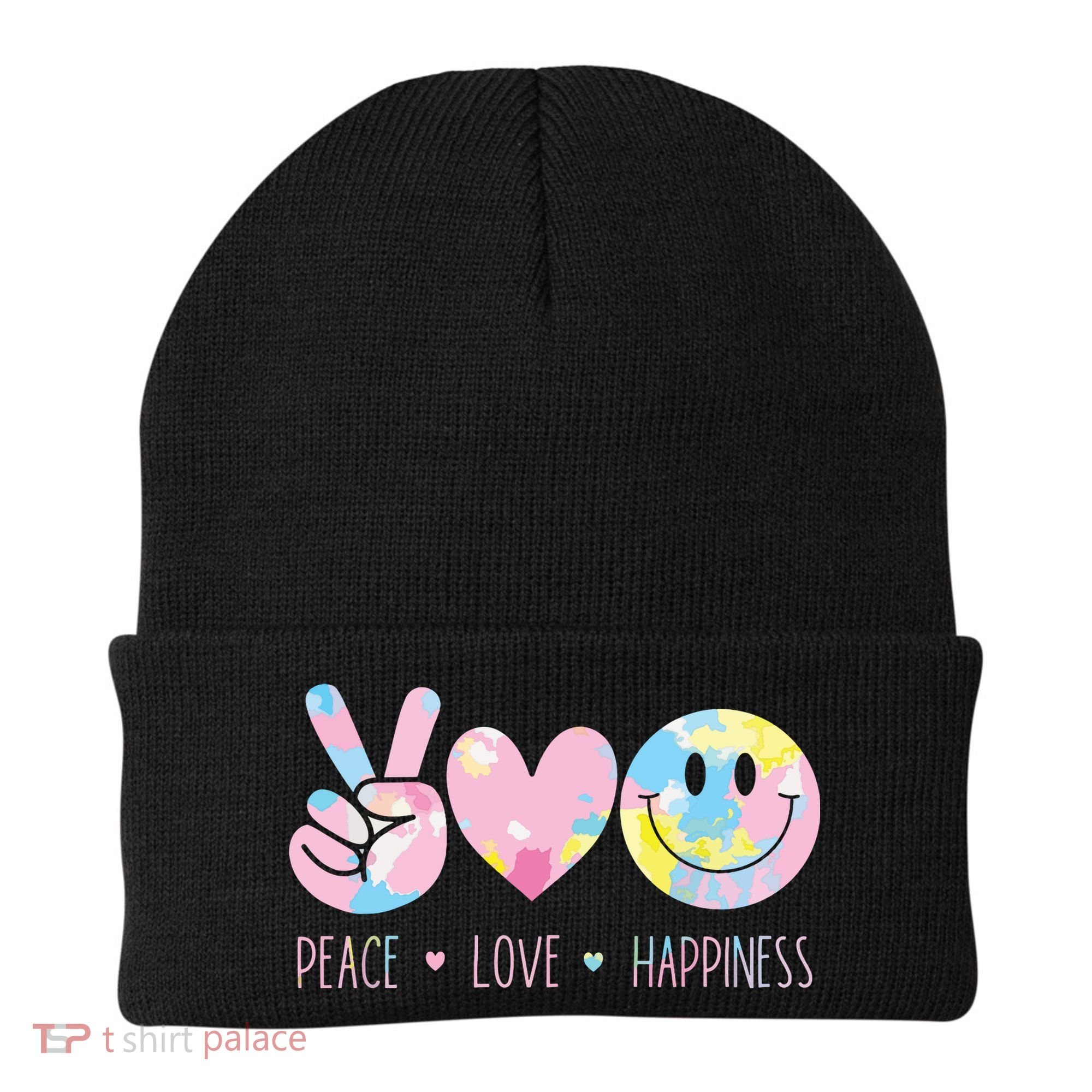 Peace Love Happiness Rainbow Tie Dye Smile Face Cute Beanie