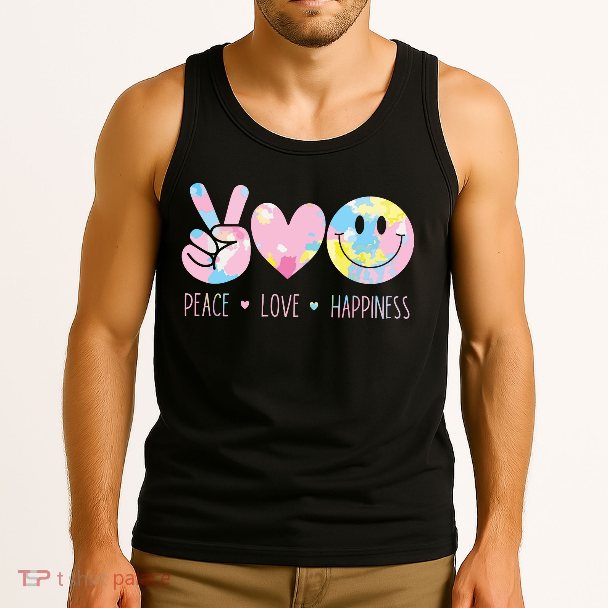 Peace Love Happiness Rainbow Tie Dye Smile Face Cute Tank Top