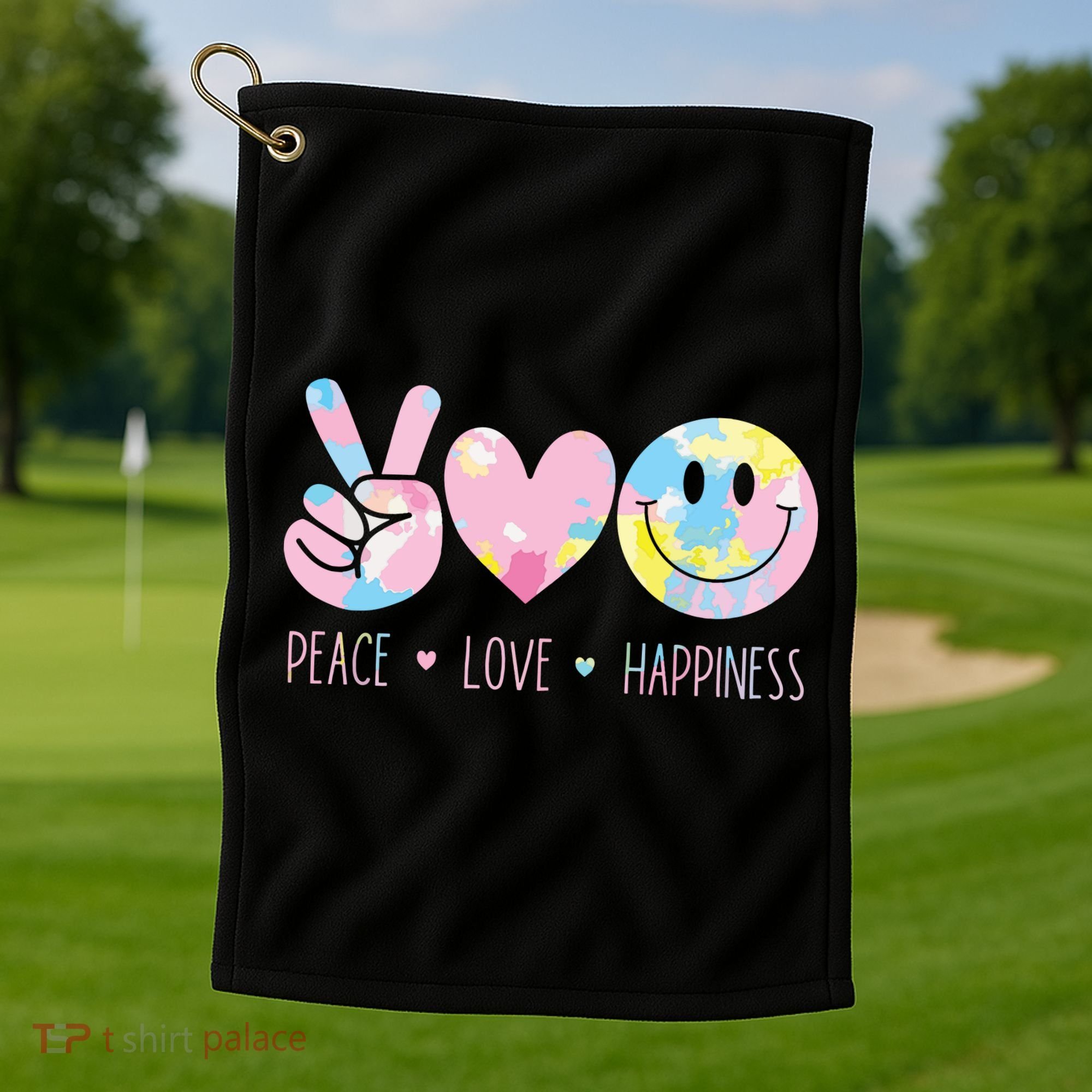 Peace Love Happiness Rainbow Tie Dye Smile Face Cute Golf Towel