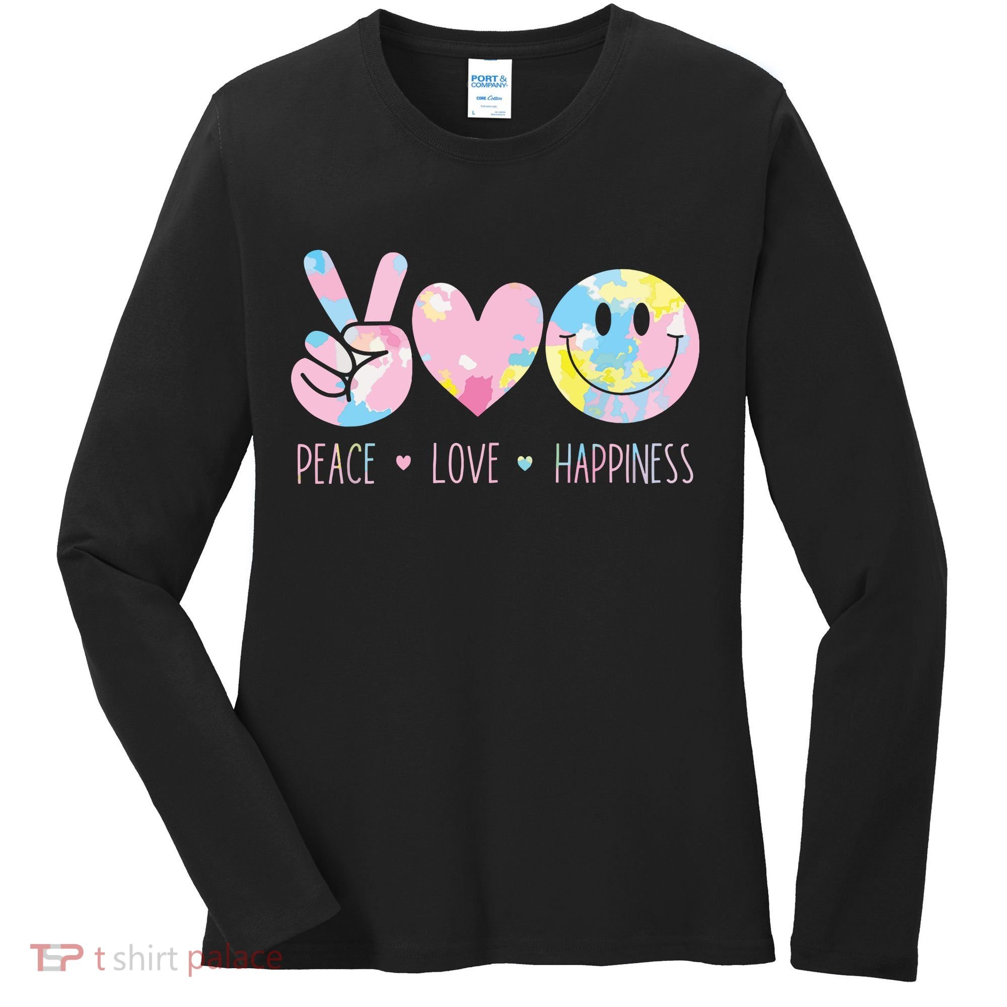 Peace Love Happiness Rainbow Tie Dye Smile Face Cute Women's Long Sleeve Shirt