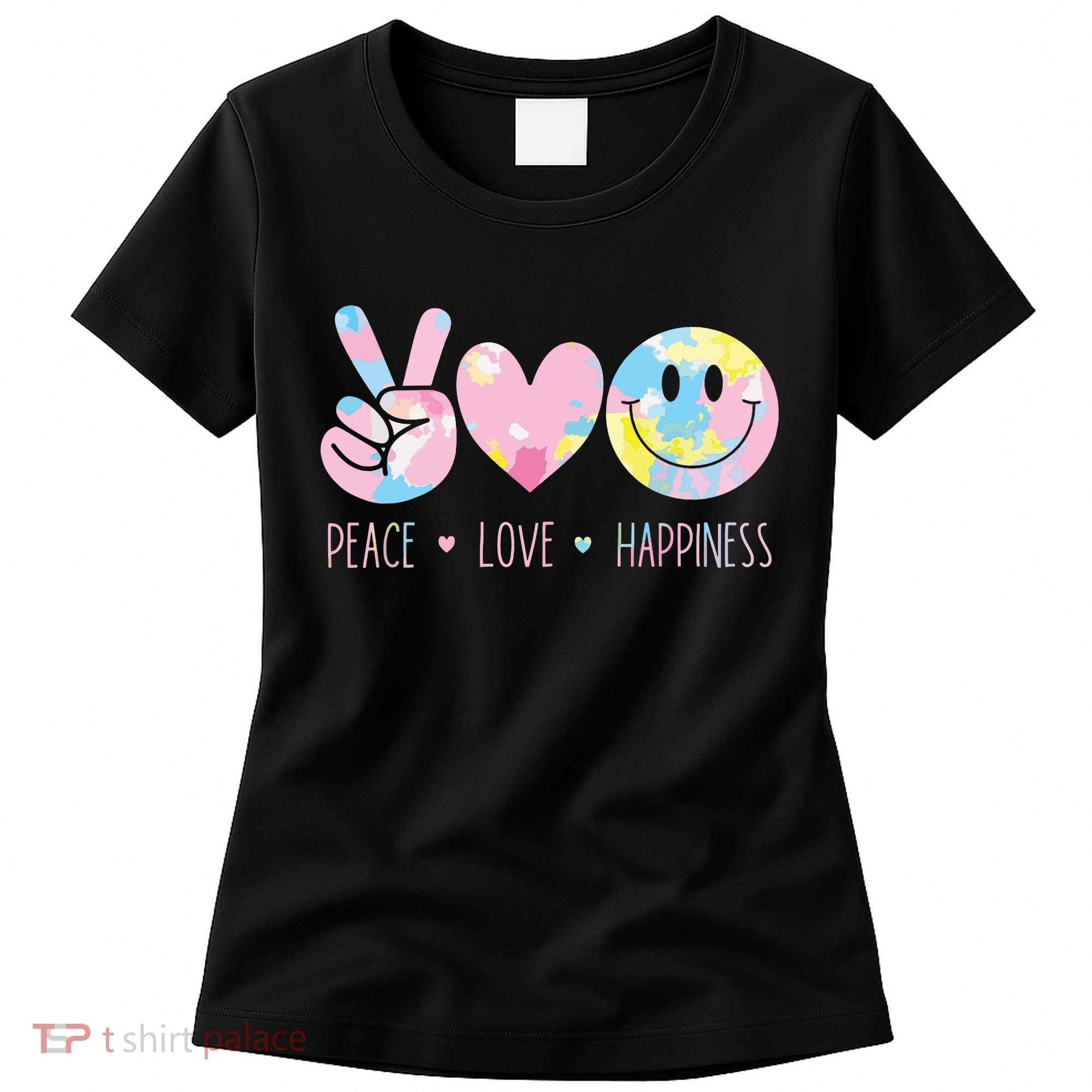 Peace Love Happiness Rainbow Tie Dye Smile Face Cute Women's T-Shirt