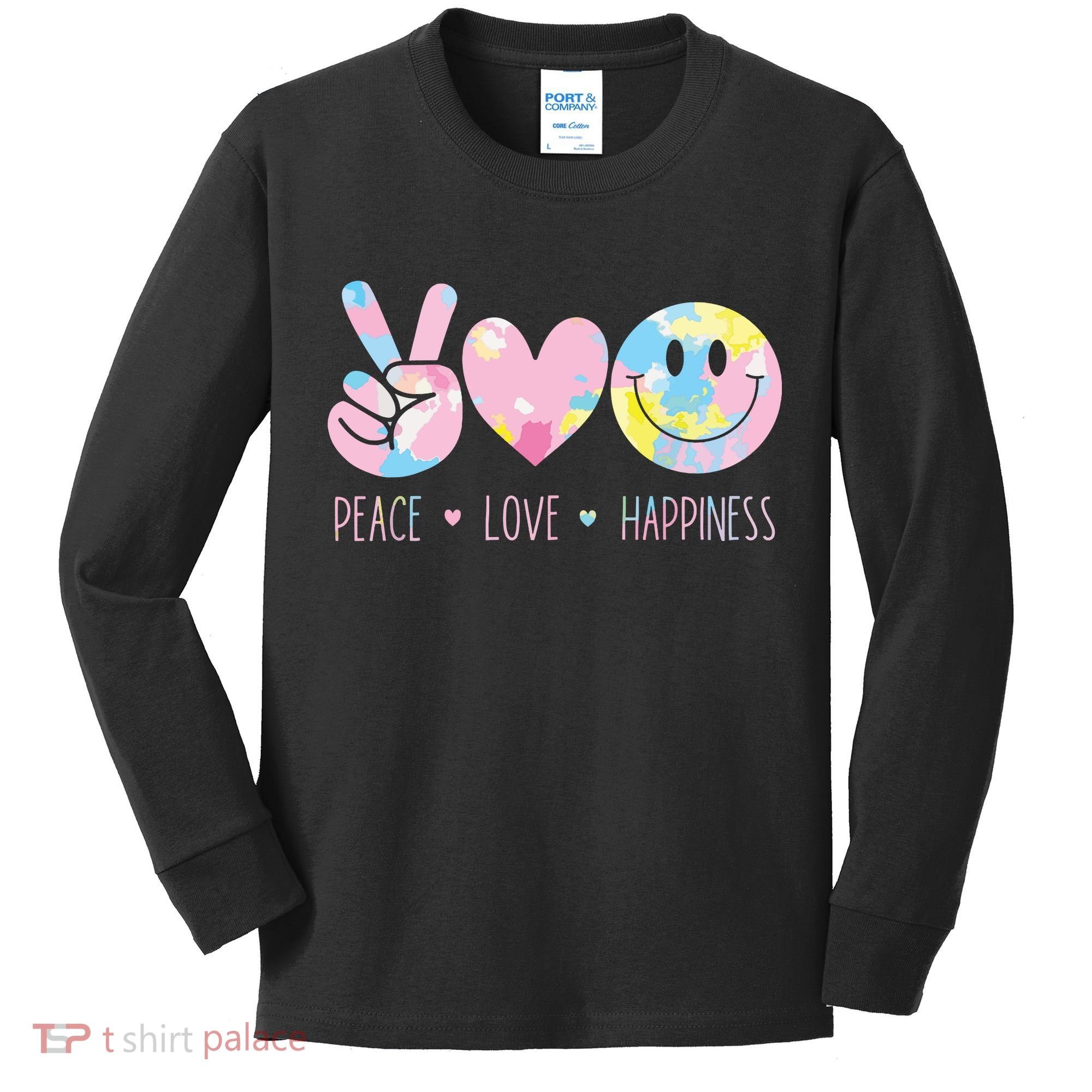Peace Love Happiness Rainbow Tie Dye Smile Face Cute Kids Long Sleeve Shirt